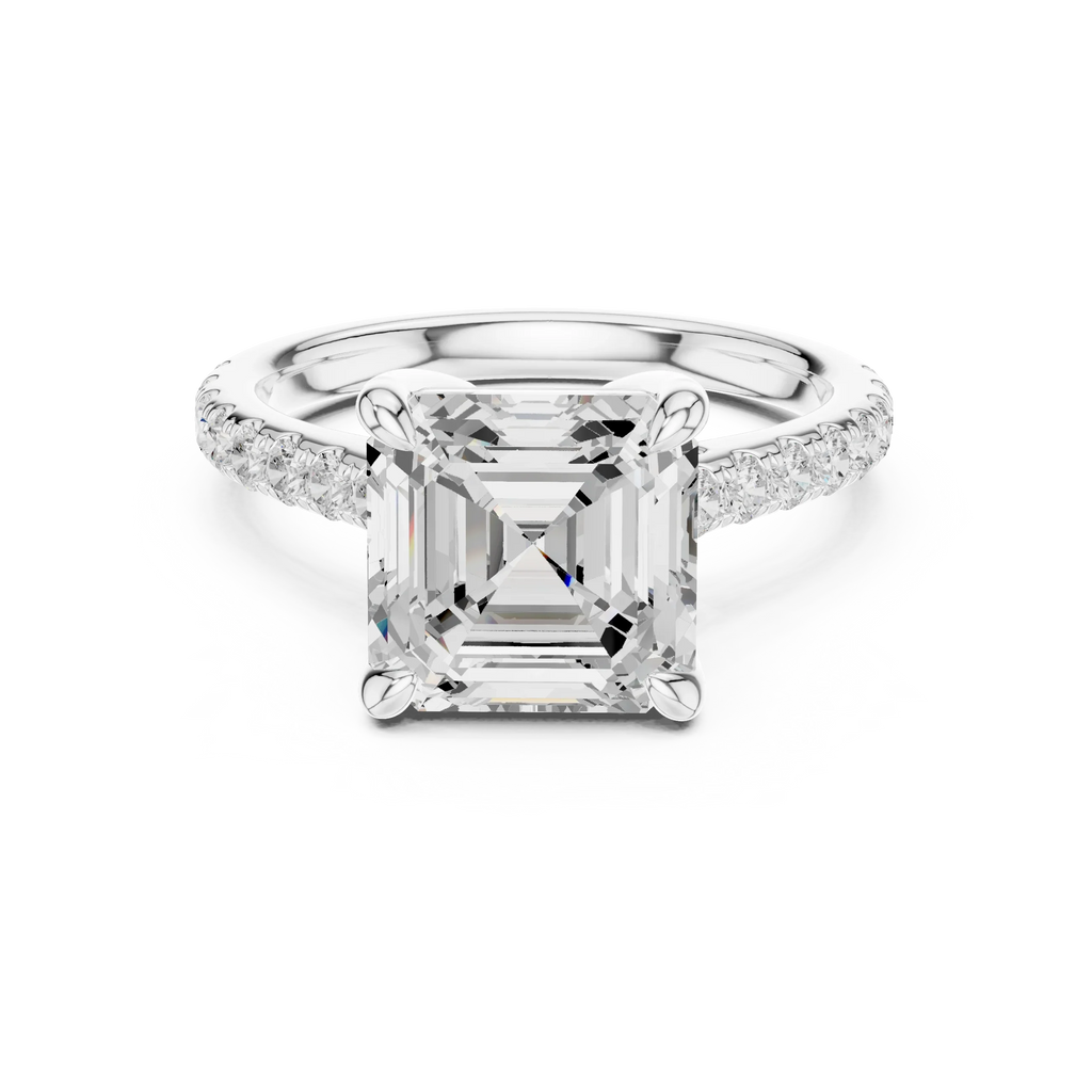 Delicate Hidden Halo 4.59 CTW Asscher Moissanite Engagement Diamond Ring  in 14K White Gold