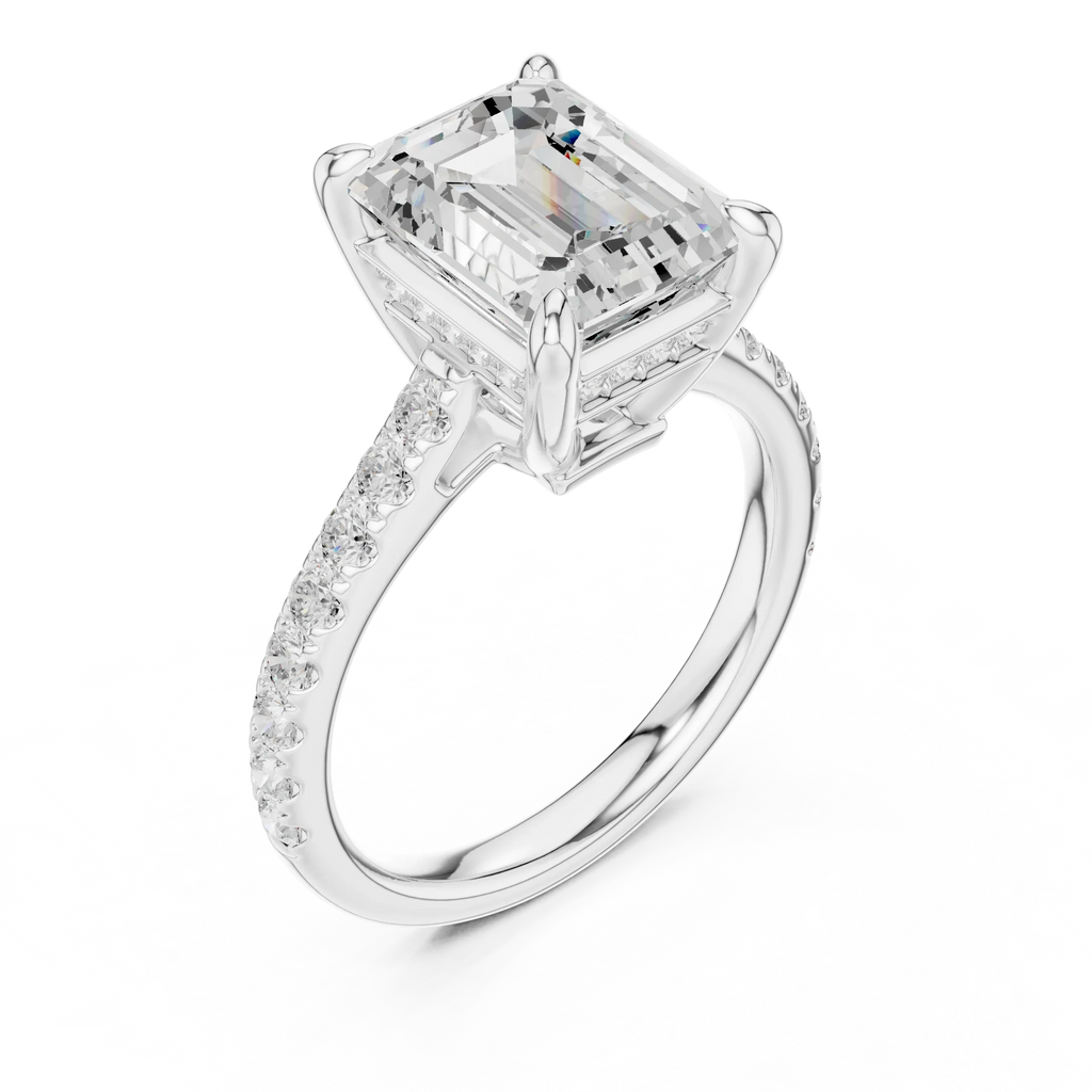 Delicate Hidden Halo 4.59 CTW Emerald Moissanite Engagement Diamond Ring  in 14K White Gold