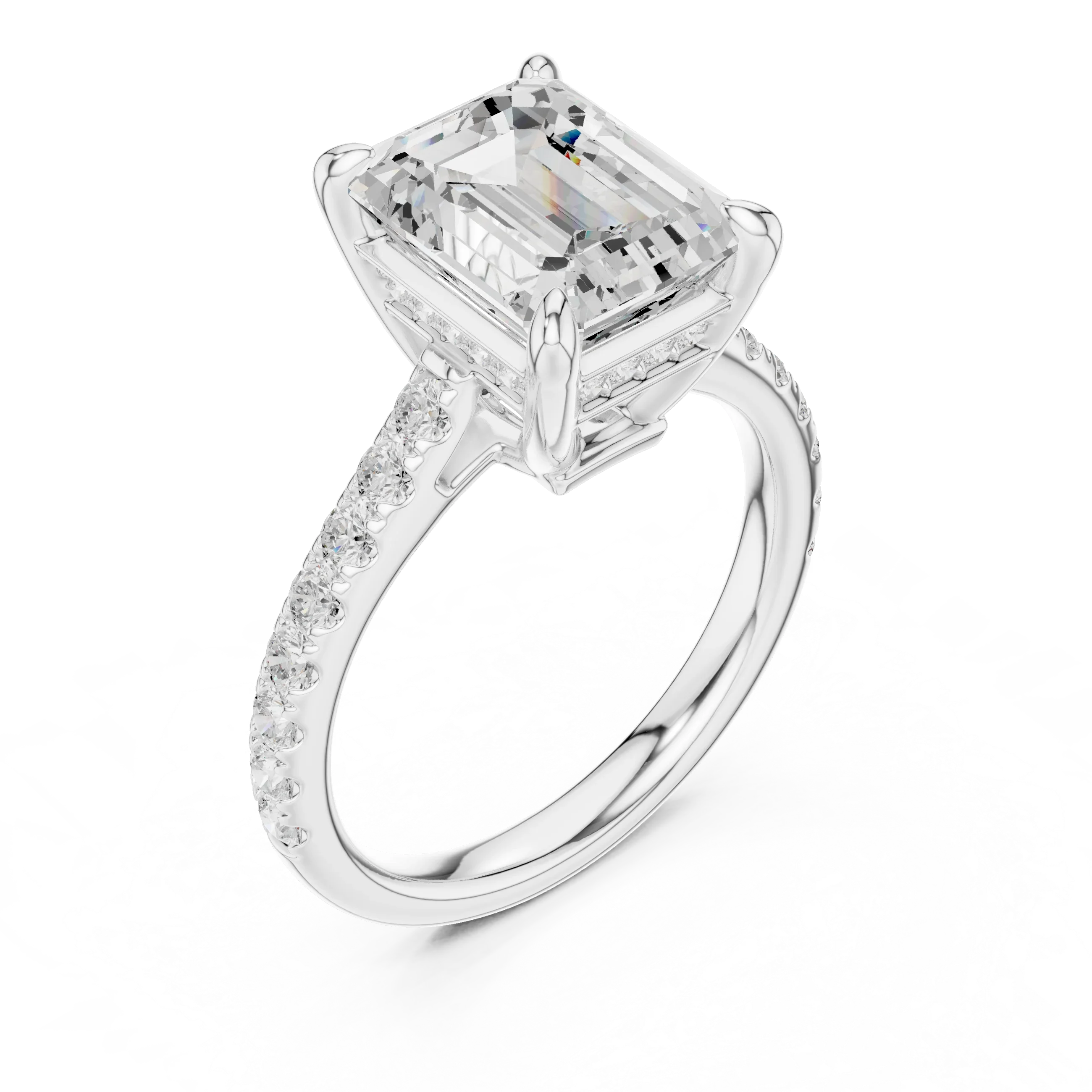 Delicate Hidden Halo 4.59 CTW Emerald Moissanite Engagement Diamond Ring  in 14K White Gold