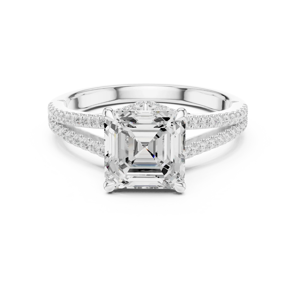 2.91 CTW Asscher Cut Lab Diamond Split Pavé Shank Engagement Ring in 10K Gold