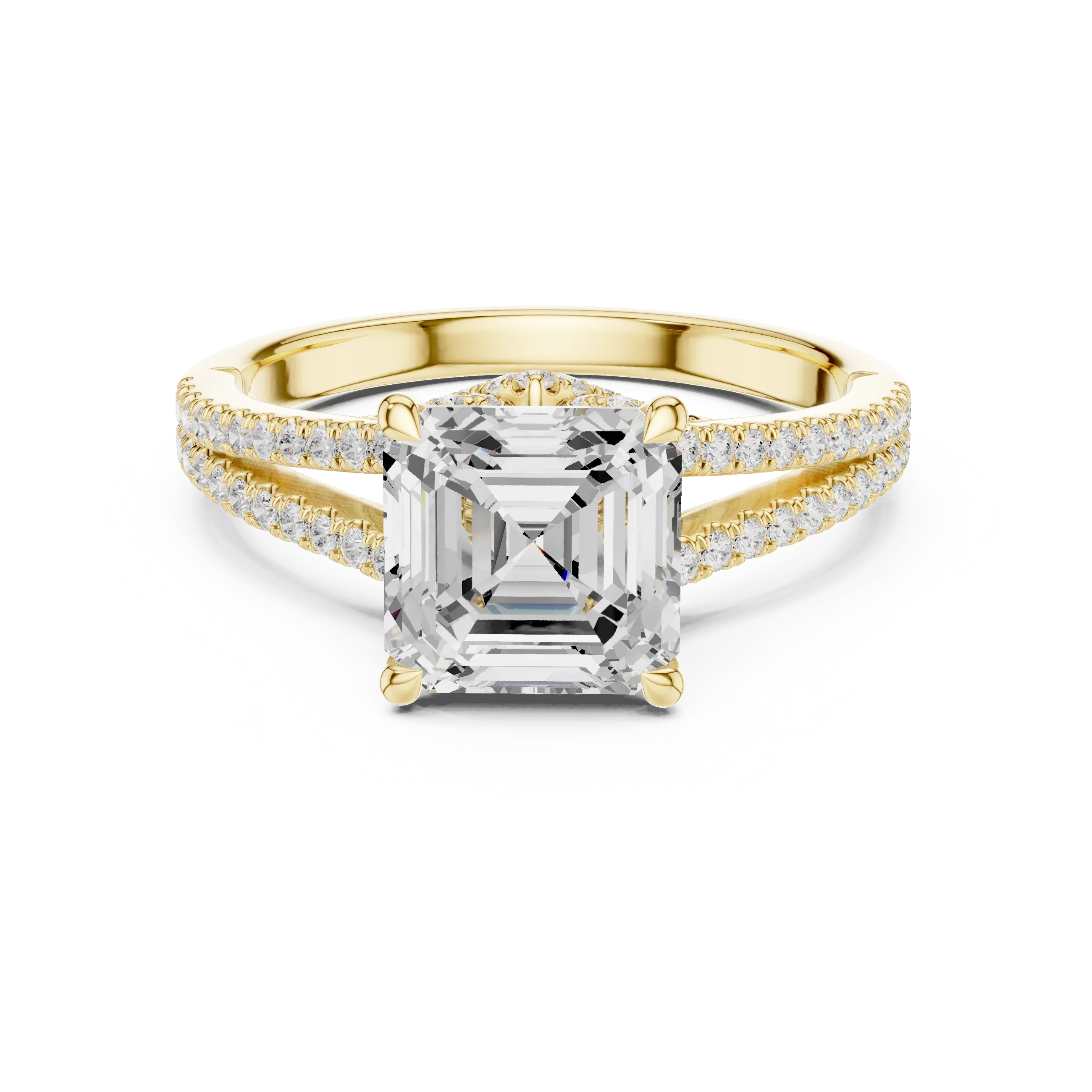 2.91 CTW Asscher Cut Lab Diamond Split Pavé Shank Engagement Ring in 10K Gold