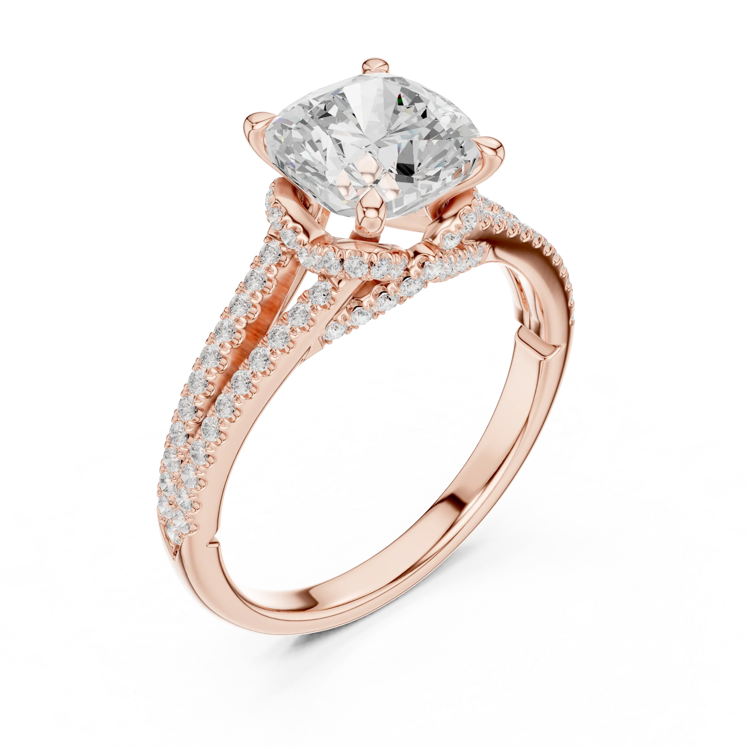 2.91 CTW Cushion Cut Lab Diamond Split Pavé Shank Engagement Ring in 10K Gold