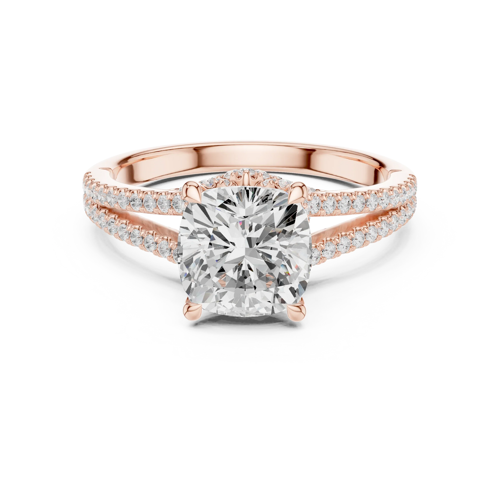 2.91 CTW Cushion Cut Lab Diamond Split Pavé Shank Engagement Ring in 10K Gold
