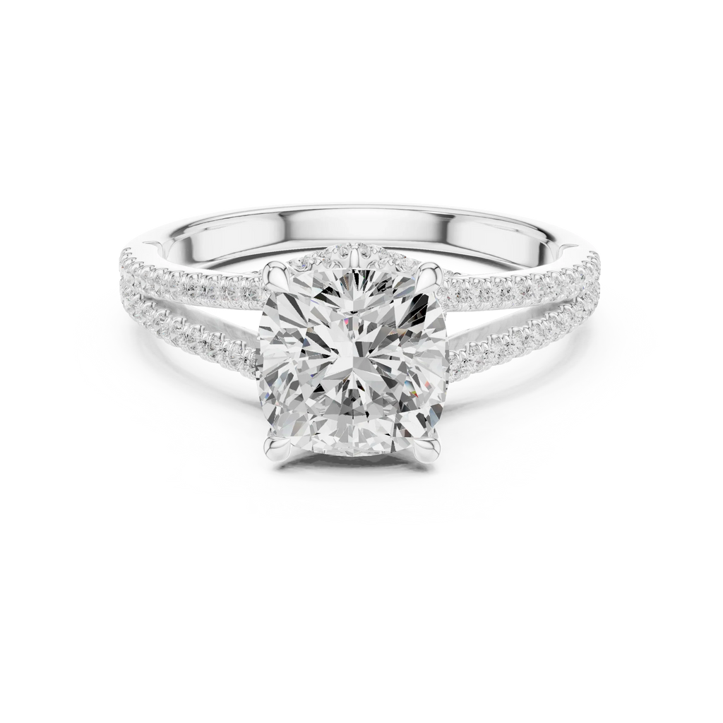 2.91 CTW Cushion Cut Lab Diamond Split Pavé Shank Engagement Ring in 10K Gold