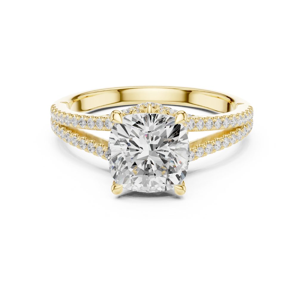 2.91 CTW Cushion Cut Lab Diamond Split Pavé Shank Engagement Ring in 10K Gold