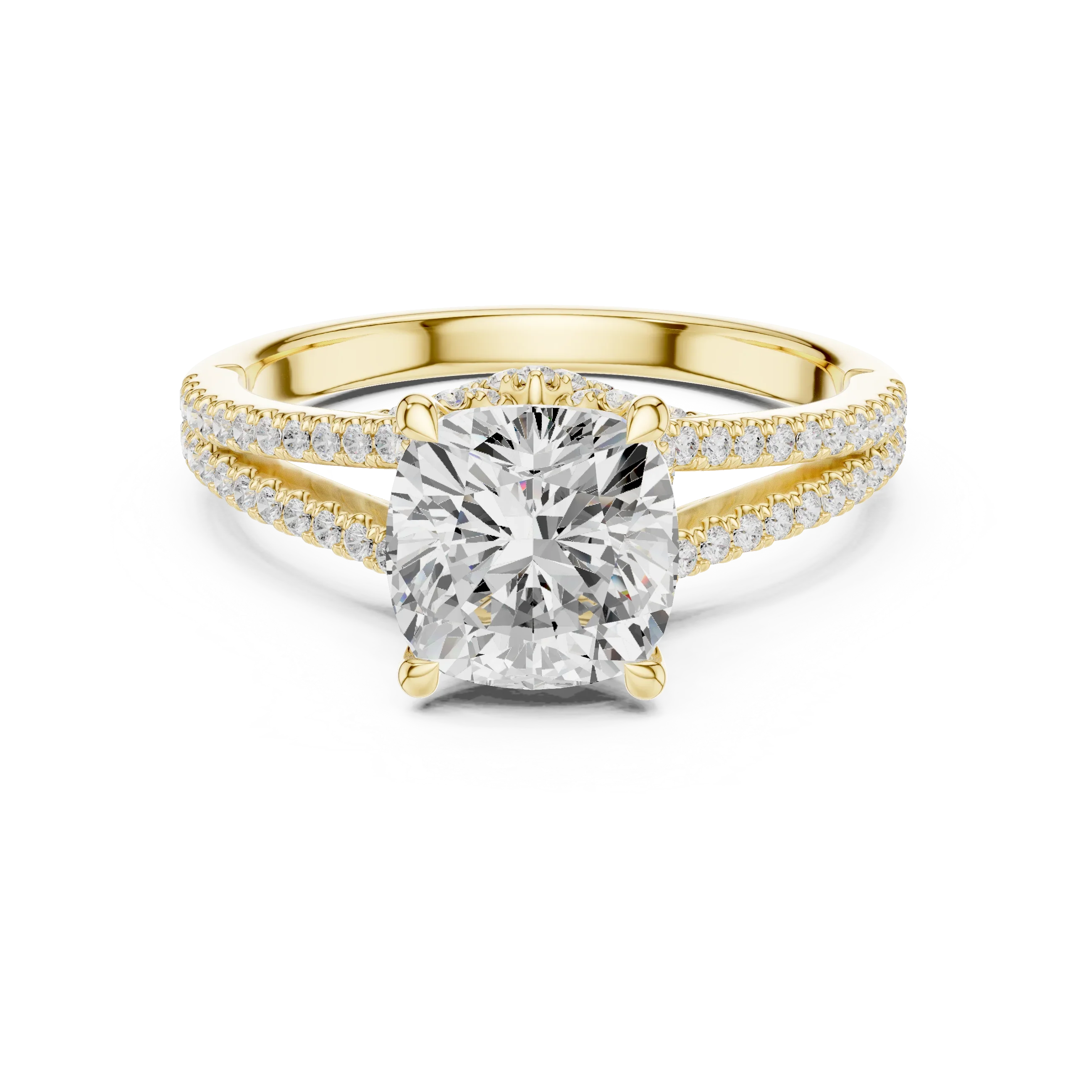 2.91 CTW Cushion Cut Lab Diamond Split Pavé Shank Engagement Ring in 10K Gold
