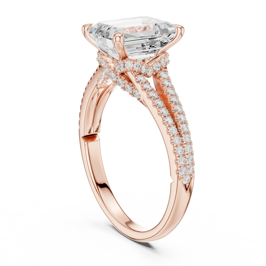 2.91 CTW Emerald Cut Lab Diamond Split Pavé Shank Engagement Ring in 10K Gold