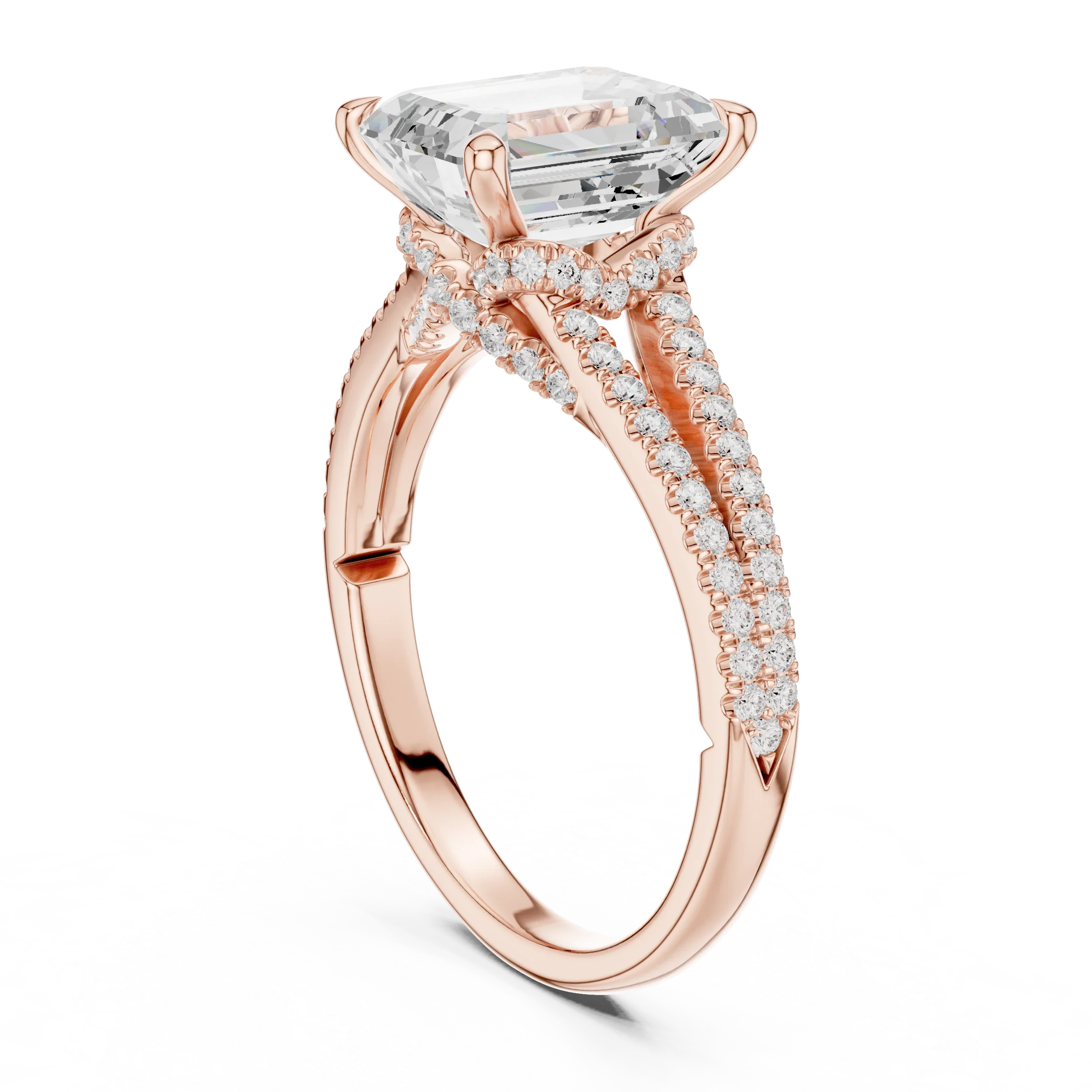 2.91 CTW Emerald Cut Lab Diamond Split Pavé Shank Engagement Ring in 10K Gold