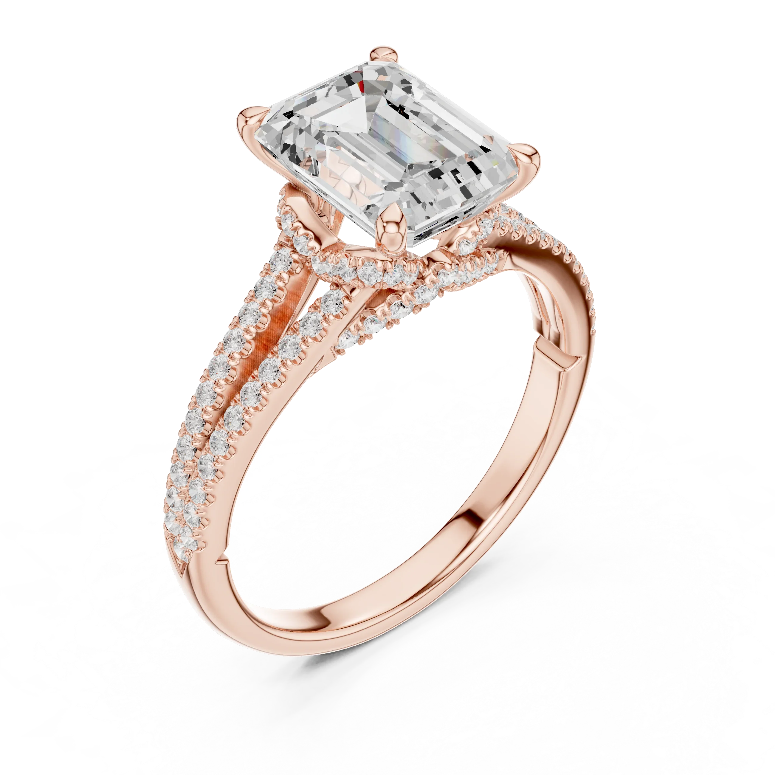 2.91 CTW Emerald Cut Lab Diamond Split Pavé Shank Engagement Ring in 10K Gold