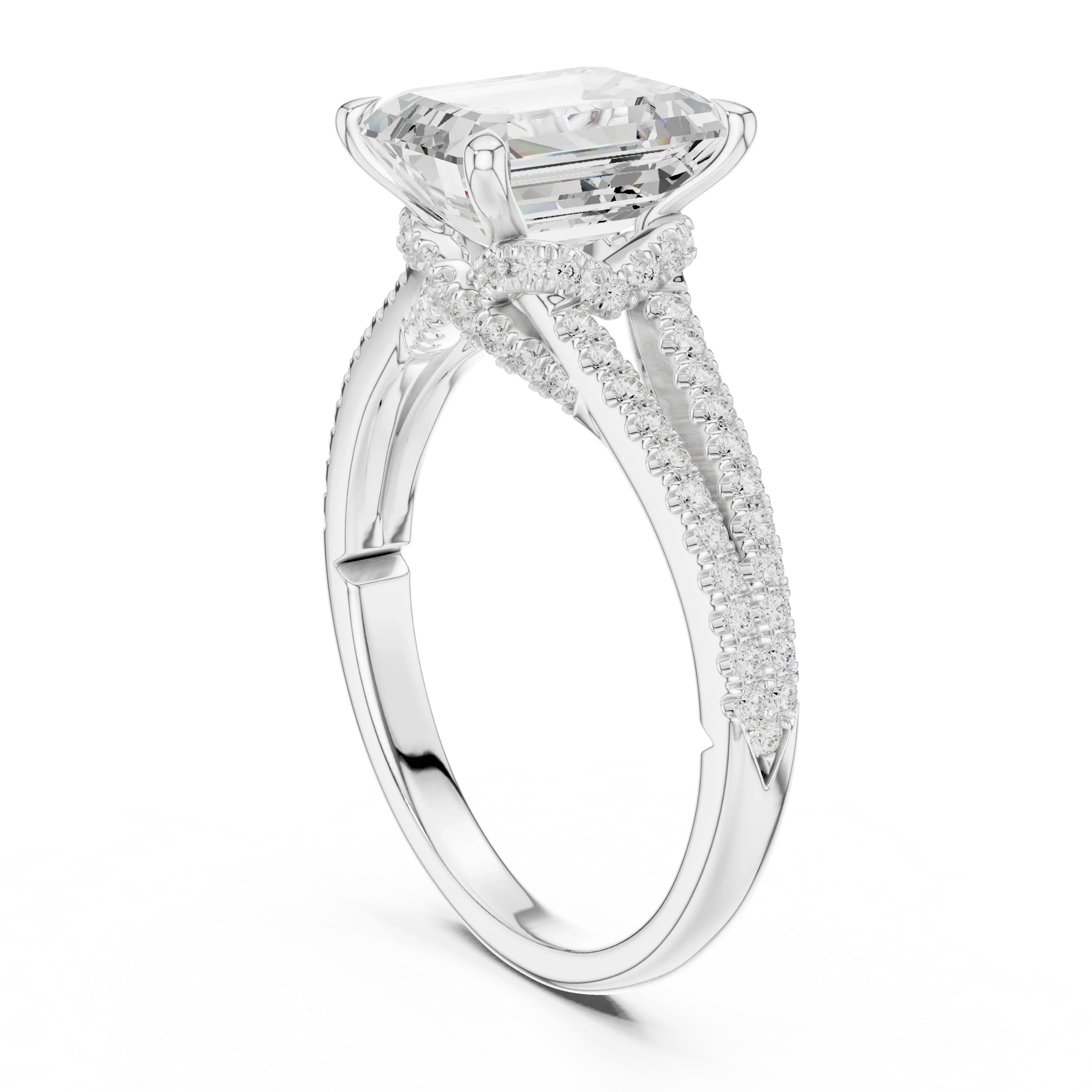 2.91 CTW Emerald Cut Lab Diamond Split Pavé Shank Engagement Ring in 10K Gold