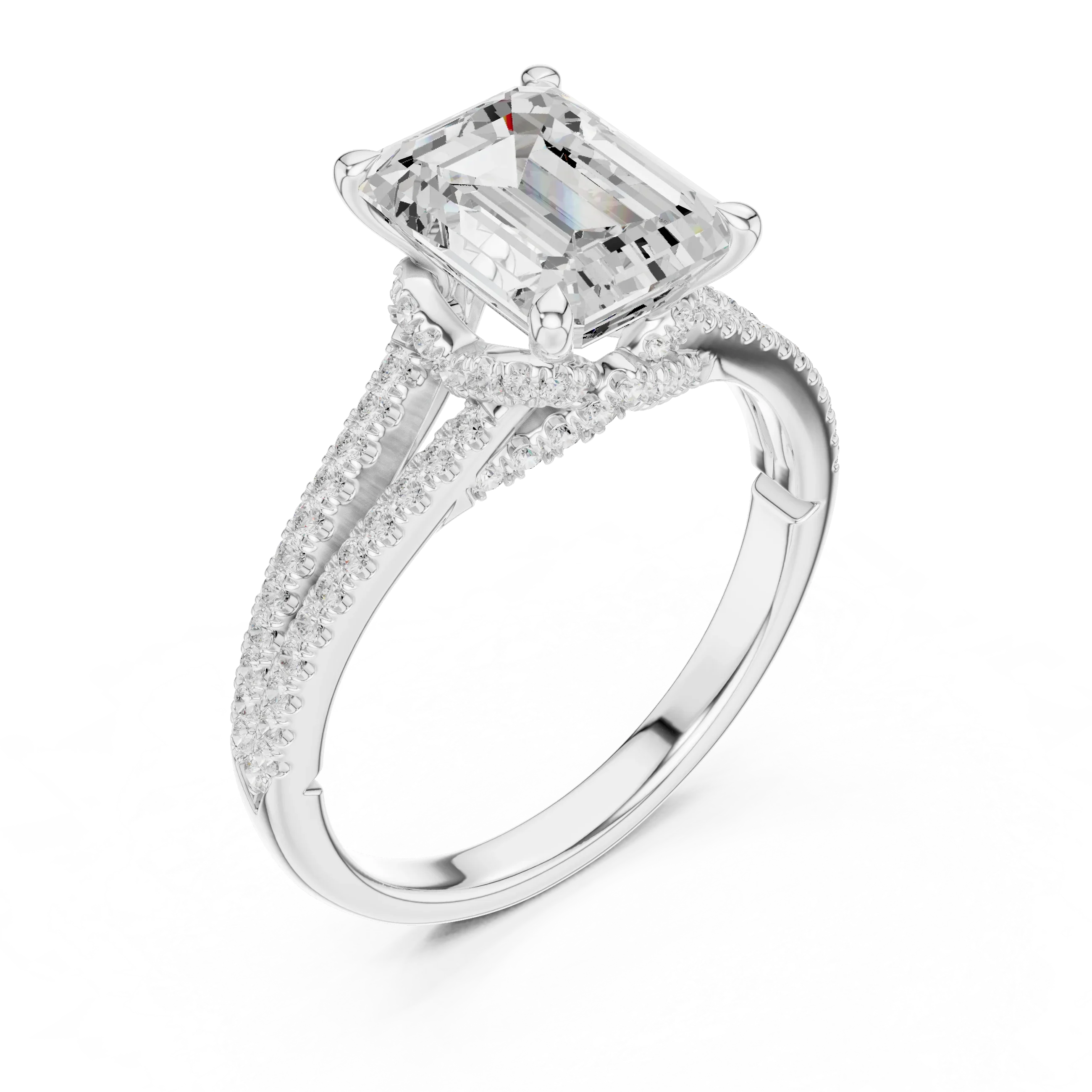2.91 CTW Emerald Cut Lab Diamond Split Pavé Shank Engagement Ring in 10K Gold