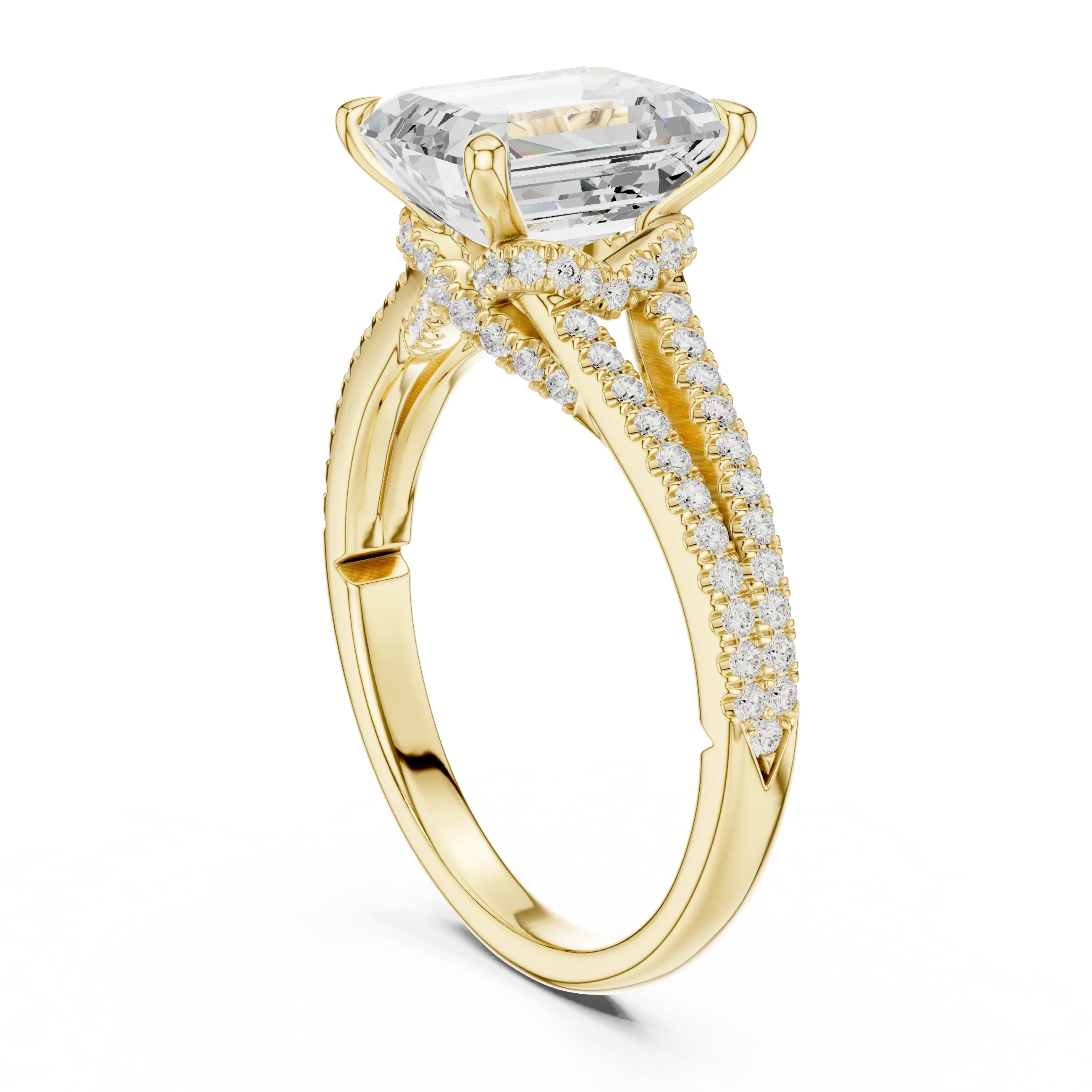 2.91 CTW Emerald Cut Lab Diamond Split Pavé Shank Engagement Ring in 10K Gold