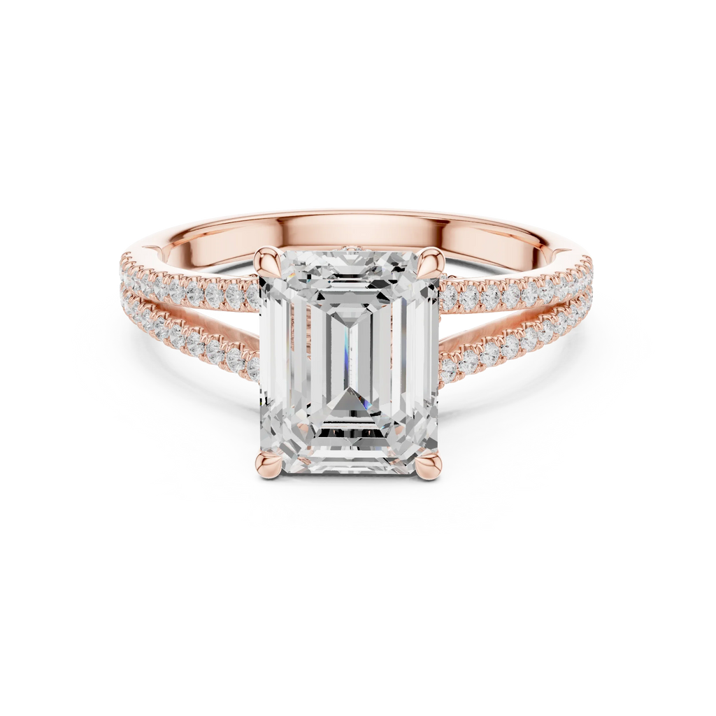 2.91 CTW Emerald Cut Lab Diamond Split Pavé Shank Engagement Ring in 10K Gold