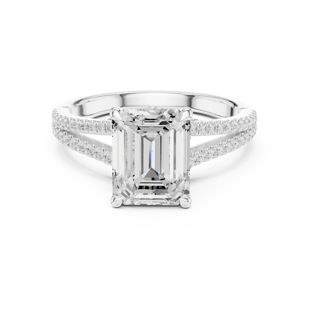 2.91 CTW Emerald Cut Lab Diamond Split Pavé Shank Engagement Ring in 10K Gold