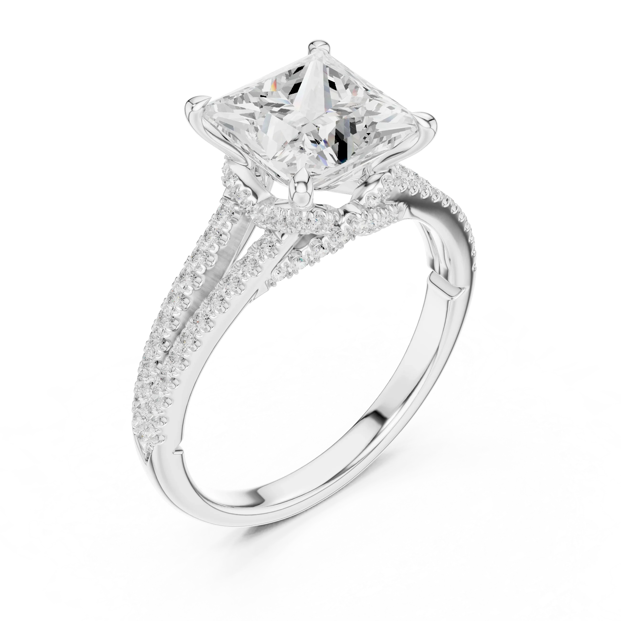 2.91 CTW Princess Cut Lab Diamond Split Pavé Shank Engagement Ring in 10K Gold