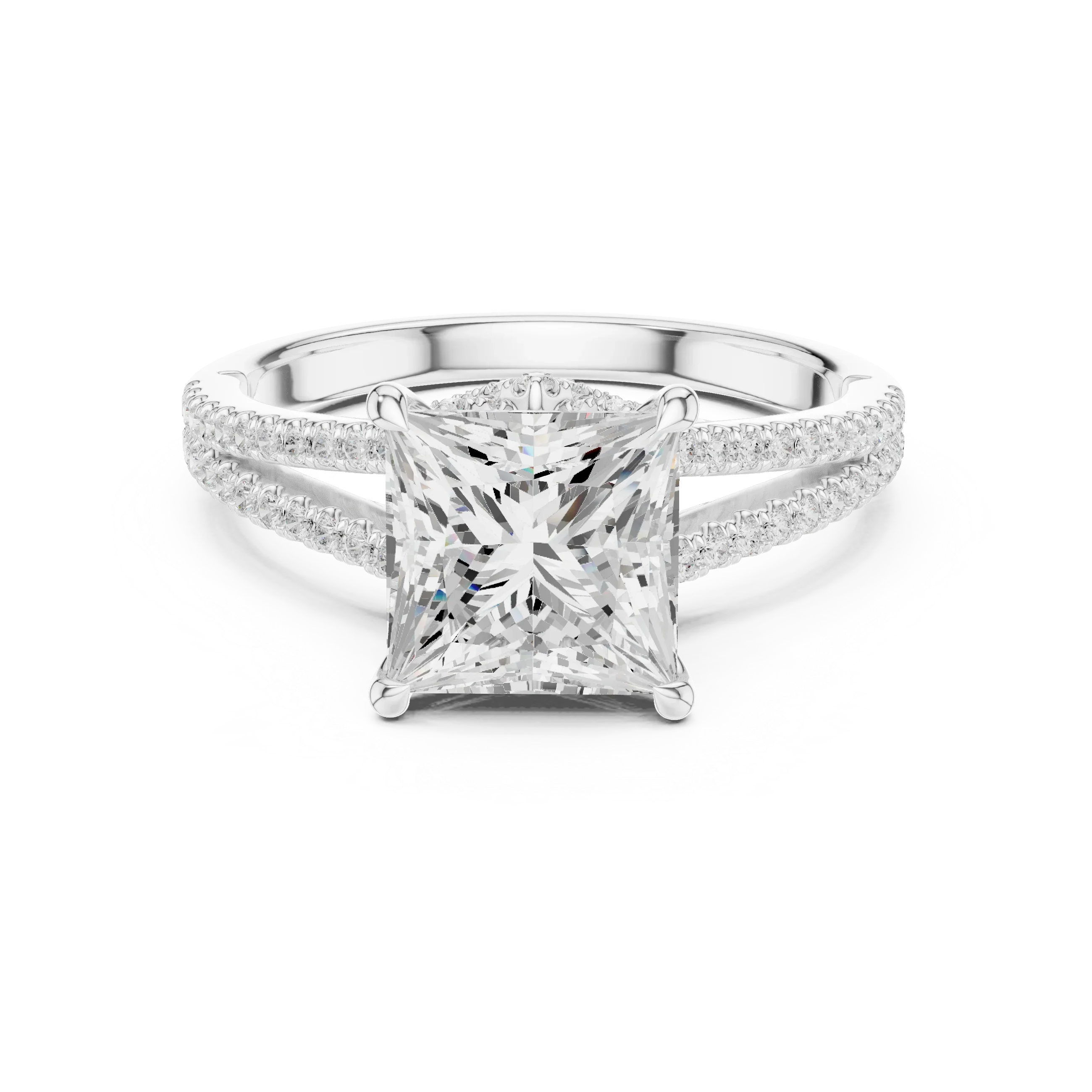 2.91 CTW Princess Cut Lab Diamond Split Pavé Shank Engagement Ring in 10K Gold