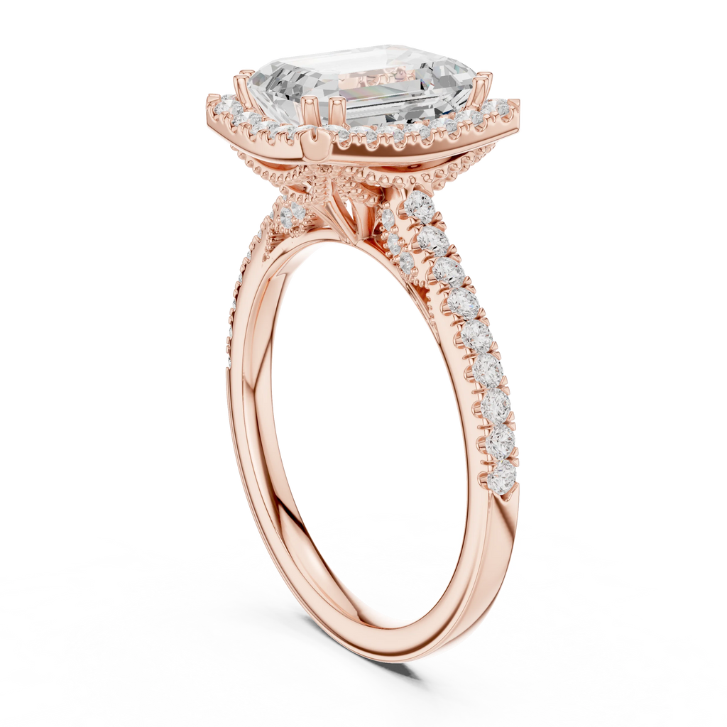 2.50 CTW Classic Pavé Halo Emerald Cut Moissanite Engagement Diamond Ring with 14K White Gold