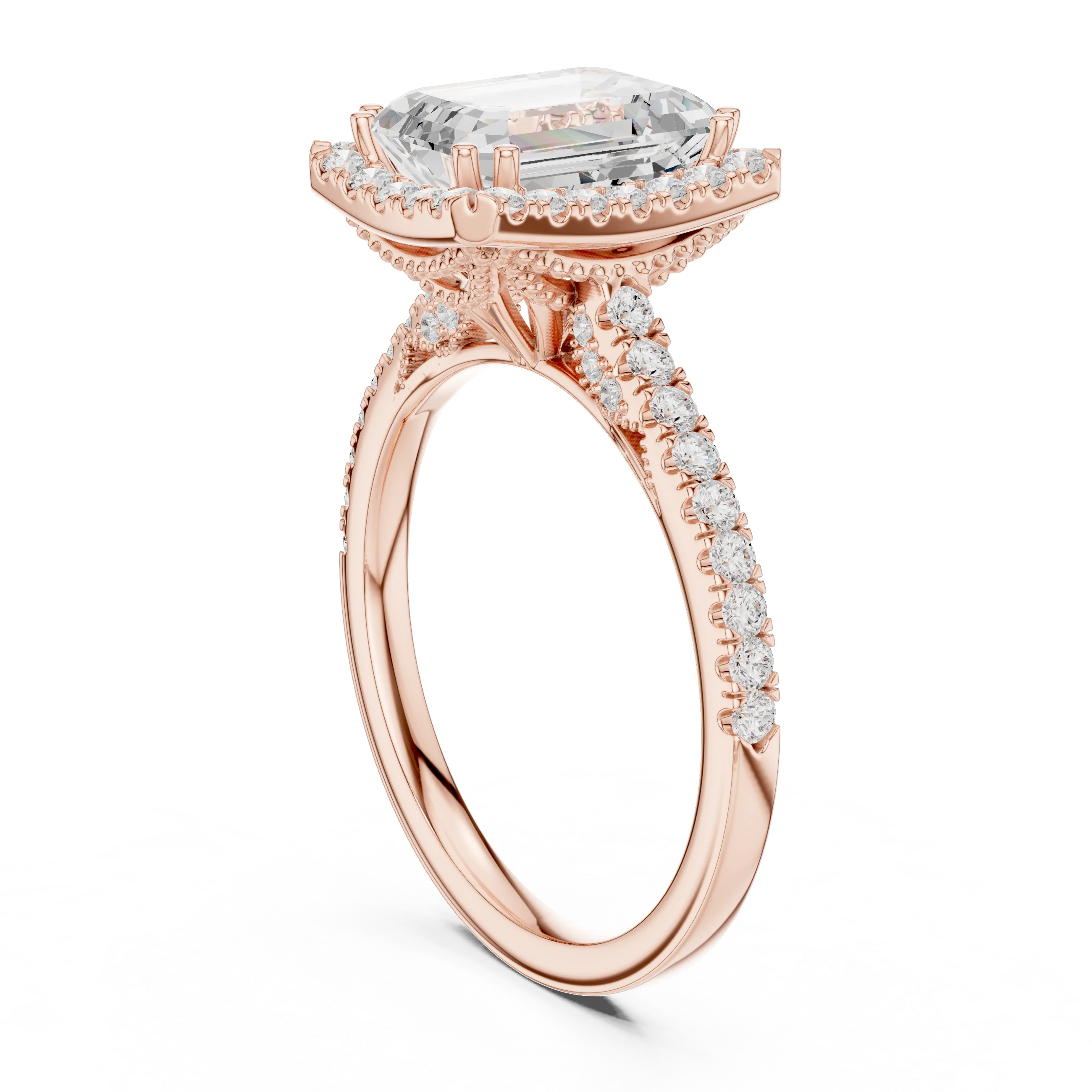 2.50 CTW Classic Pavé Halo Emerald Cut Moissanite Engagement Diamond Ring with 14K White Gold