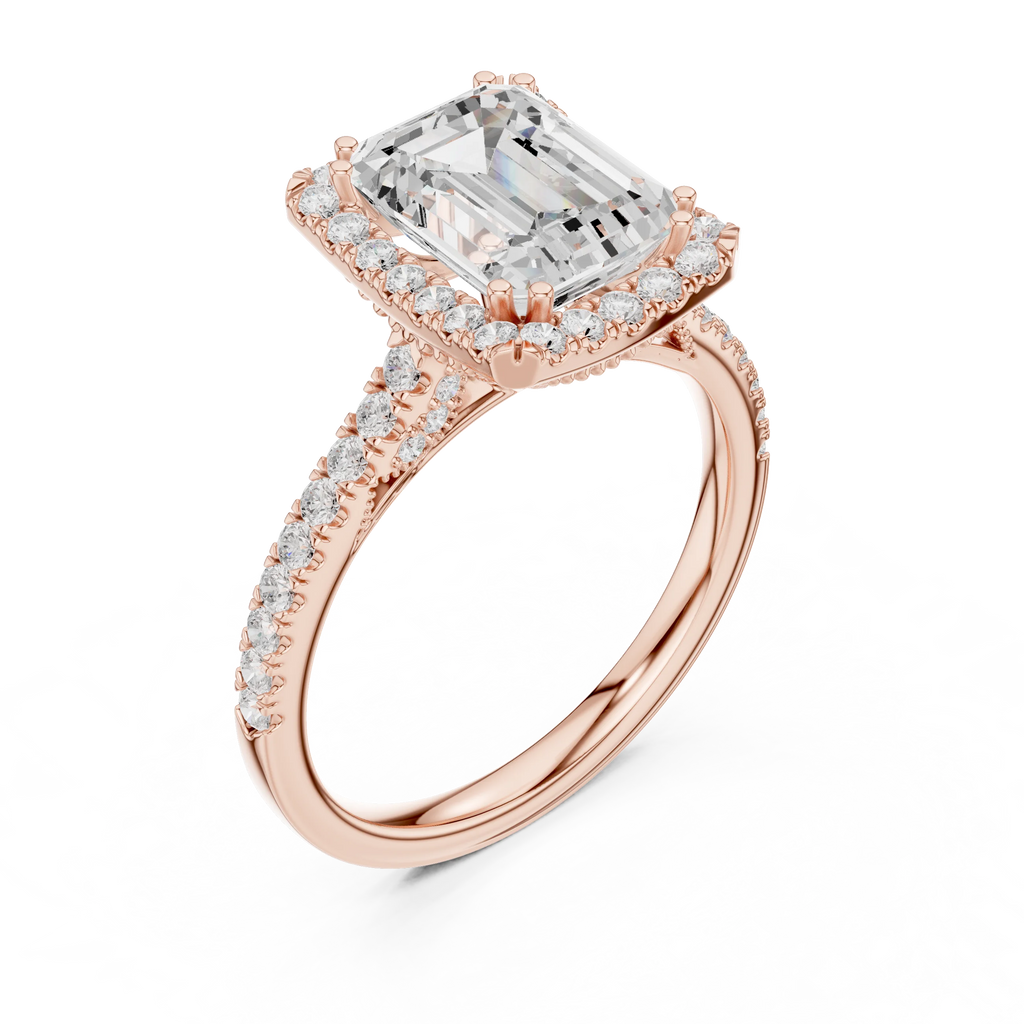 2.50 CTW Classic Pavé Halo Emerald Cut Moissanite Engagement Diamond Ring with 14K White Gold