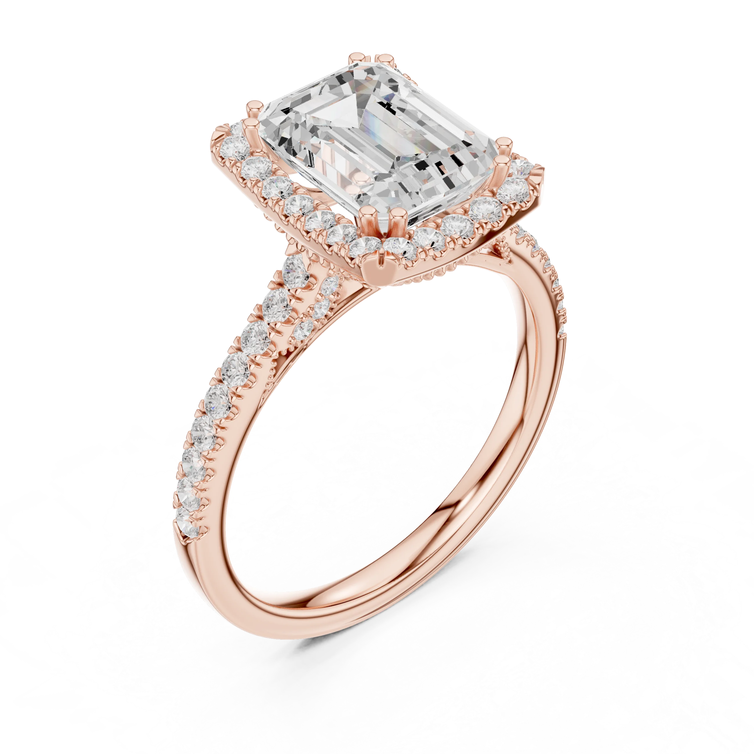 2.50 CTW Classic Pavé Halo Emerald Cut Moissanite Engagement Diamond Ring with 14K White Gold
