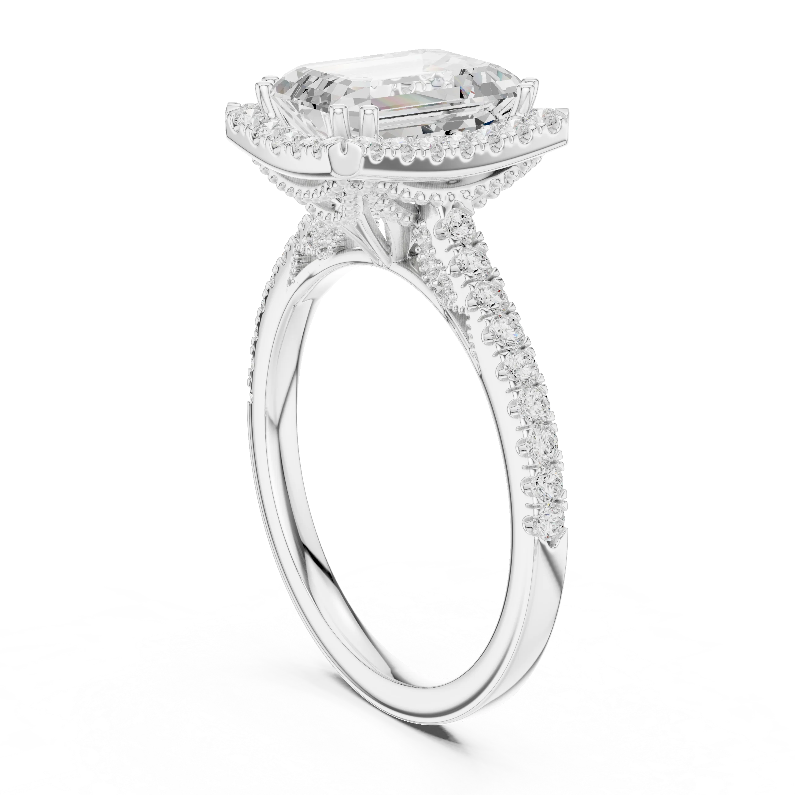 2.50 CTW Classic Pavé Halo Emerald Cut Moissanite Engagement Diamond Ring with 14K White Gold