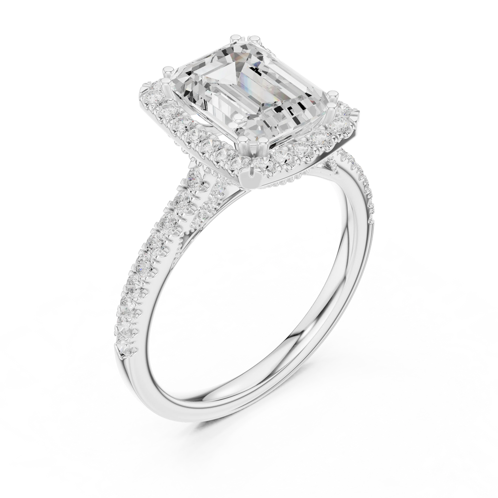 2.50 CTW Classic Pavé Halo Emerald Cut Moissanite Engagement Diamond Ring with 14K White Gold
