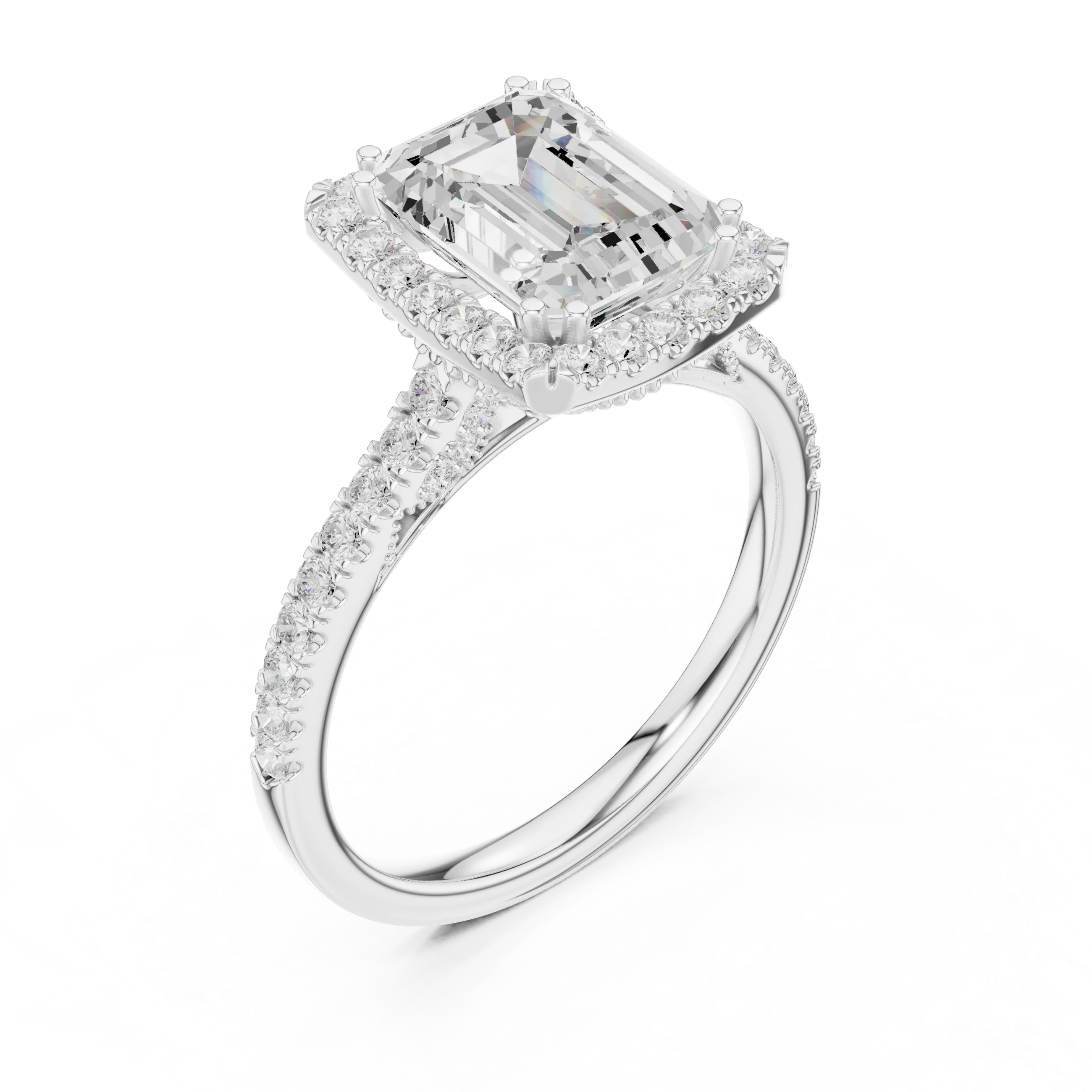 2.50 CTW Classic Pavé Halo Emerald Cut Moissanite Engagement Diamond Ring with 14K White Gold