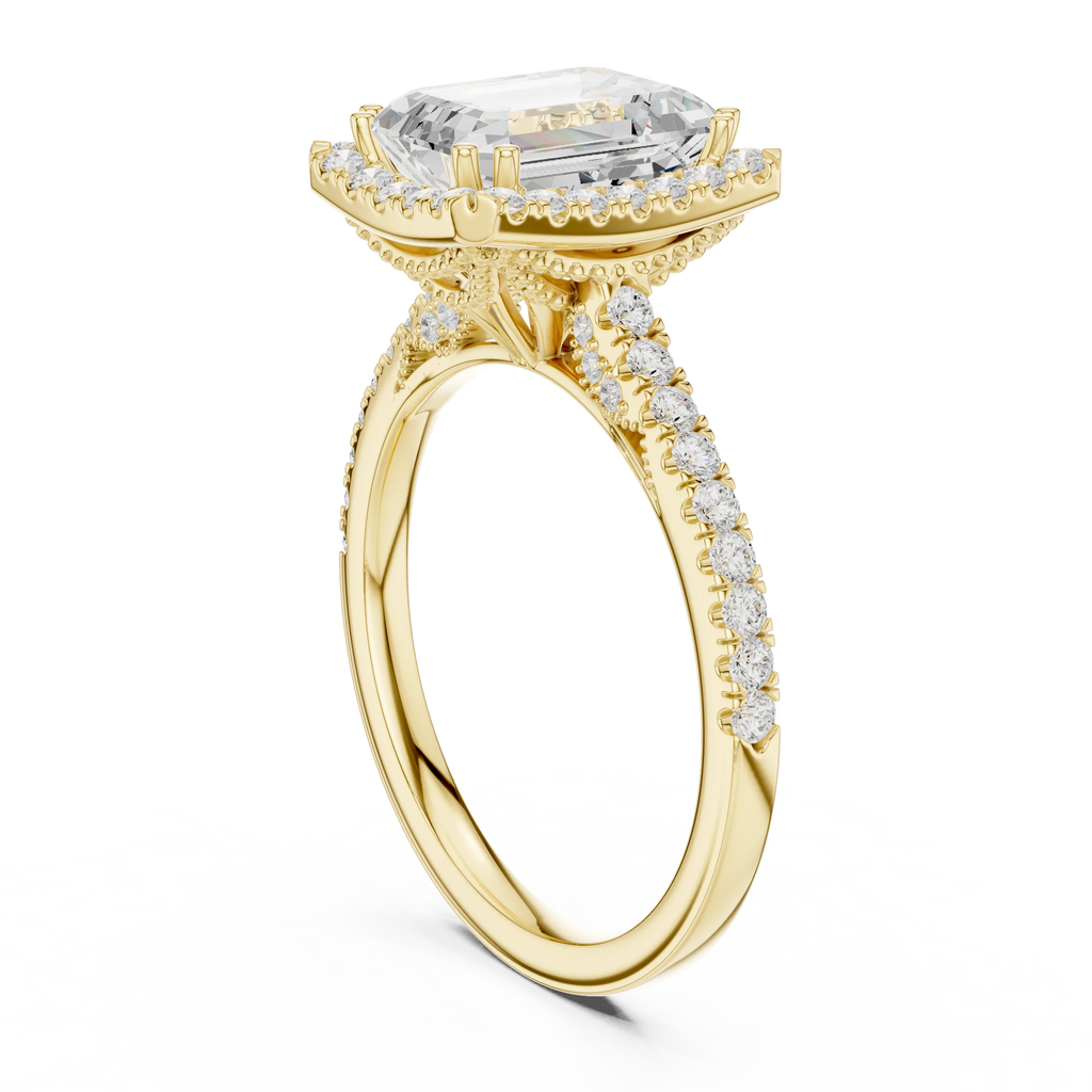2.50 CTW Classic Pavé Halo Emerald Cut Moissanite Engagement Diamond Ring with 14K White Gold