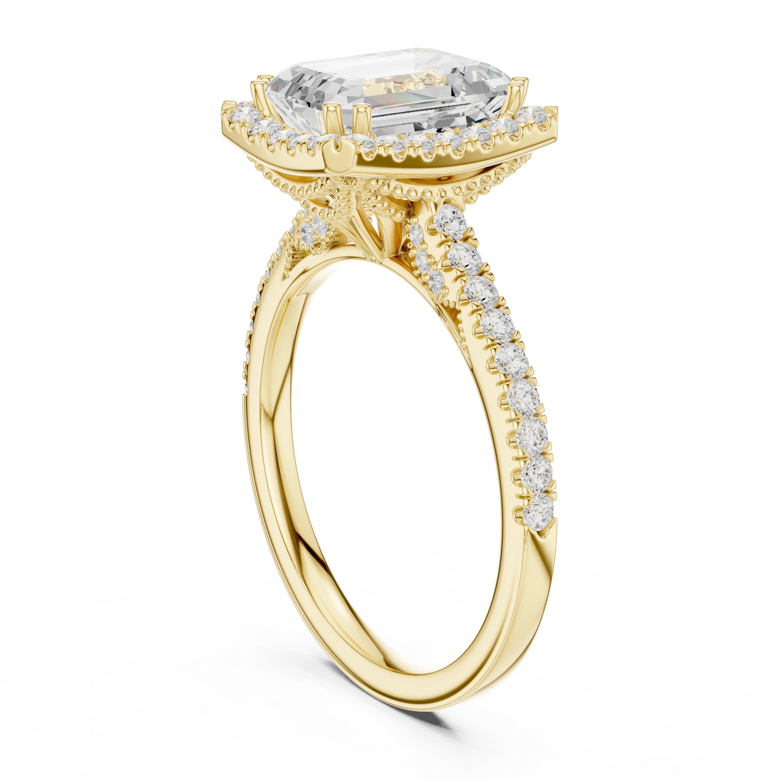 2.50 CTW Classic Pavé Halo Emerald Cut Moissanite Engagement Diamond Ring with 14K White Gold