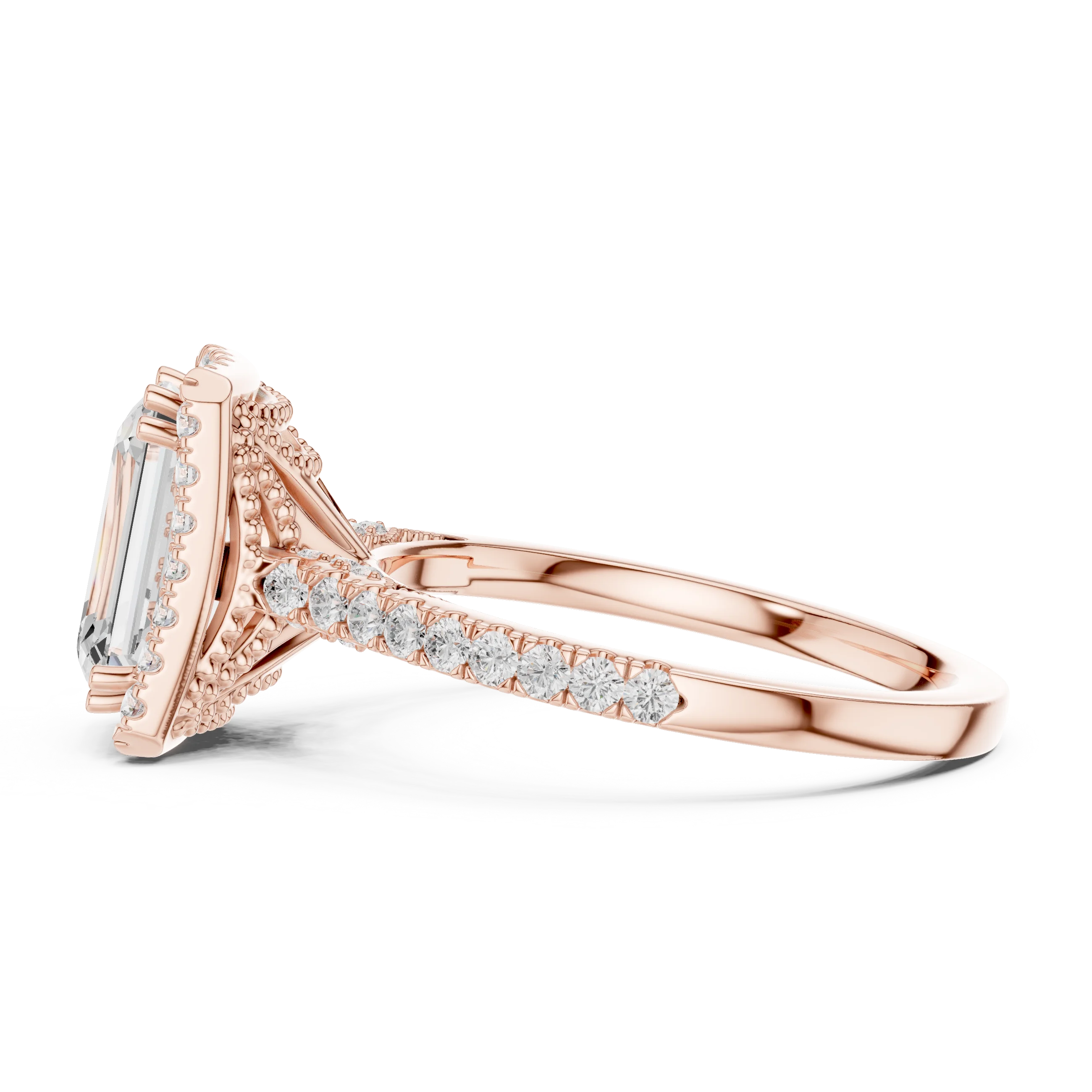 2.50 CTW Classic Pavé Halo Emerald Cut Moissanite Engagement Diamond Ring with 14K White Gold