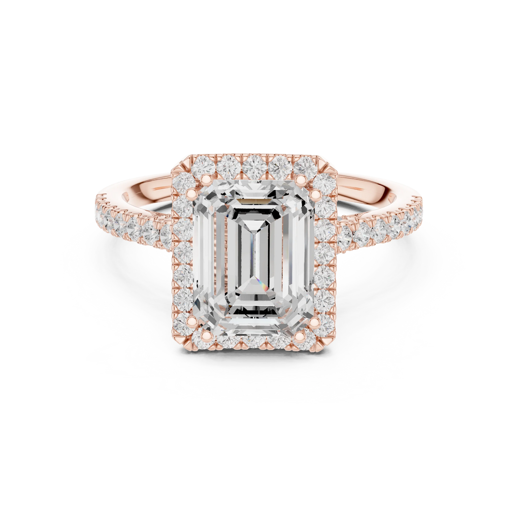 2.50 CTW Classic Pavé Halo Emerald Cut Moissanite Engagement Diamond Ring with 14K White Gold