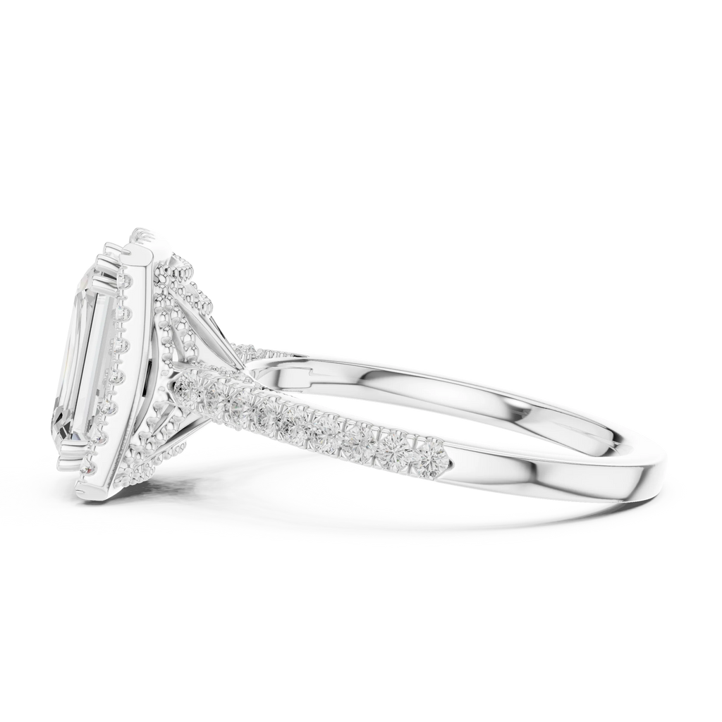 2.50 CTW Classic Pavé Halo Emerald Cut Moissanite Engagement Diamond Ring with 14K White Gold