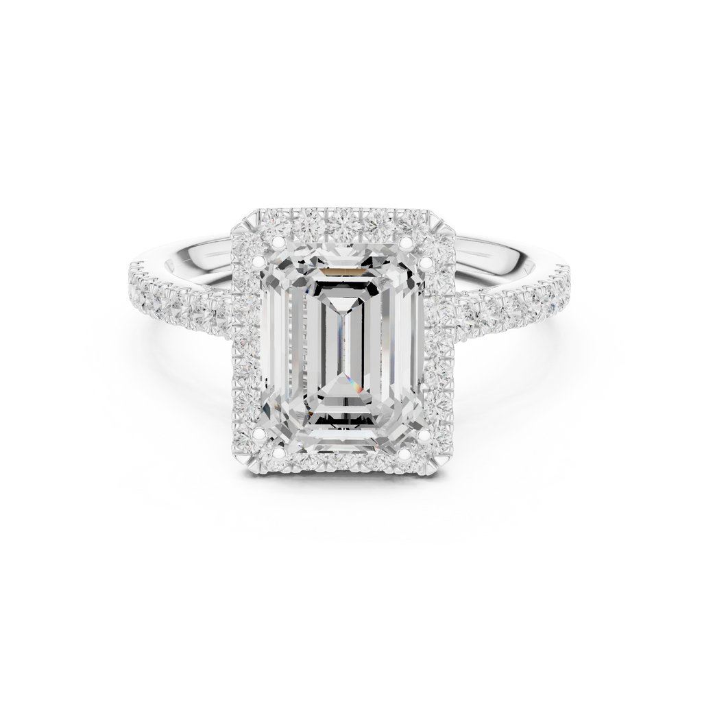2.50 CTW Classic Pavé Halo Emerald Cut Moissanite Engagement Diamond Ring with 14K White Gold