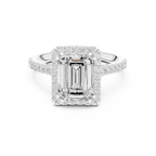 2.50 CTW Classic Pavé Halo Emerald Cut Moissanite Engagement Diamond Ring with 14K White Gold