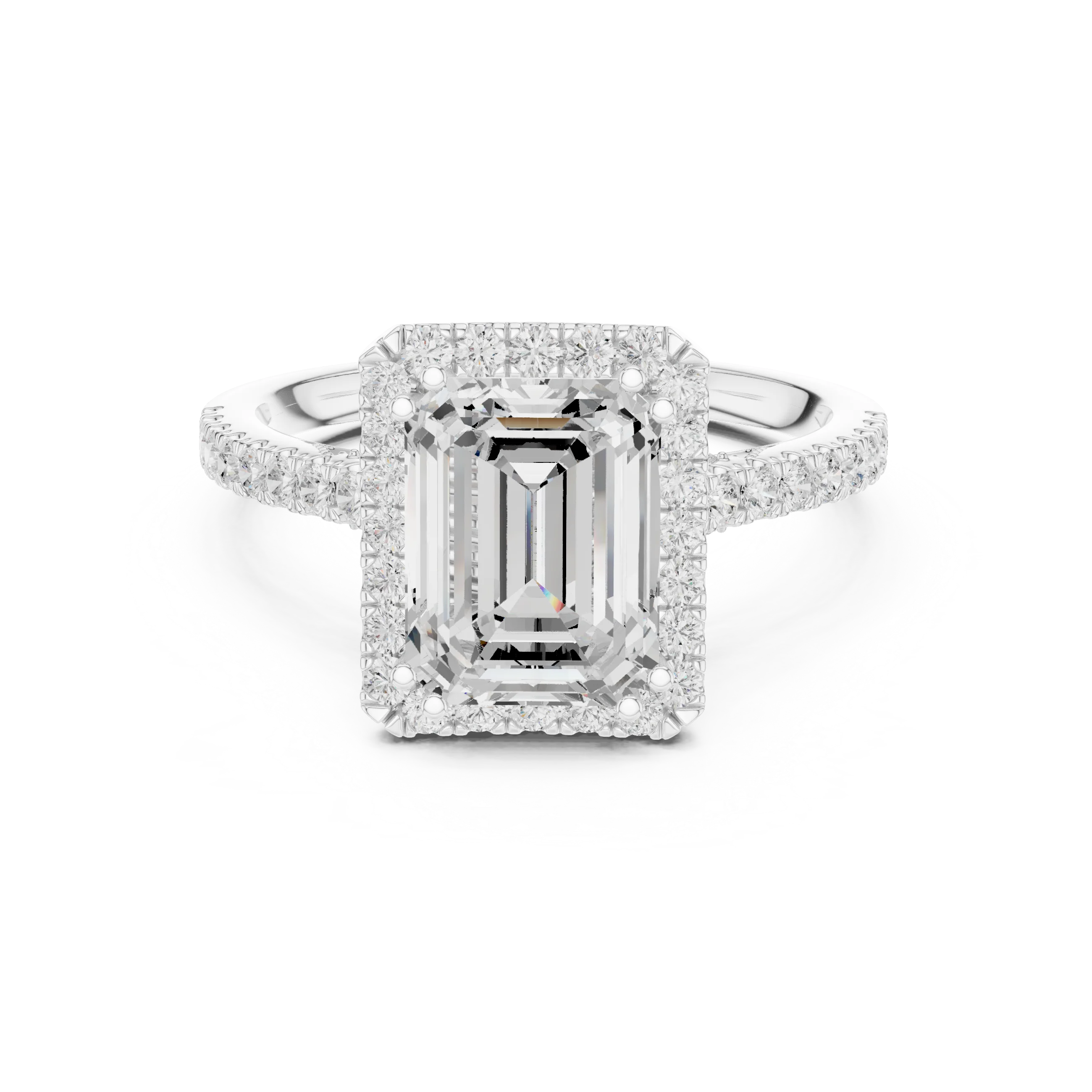 2.50 CTW Classic Pavé Halo Emerald Cut Moissanite Engagement Diamond Ring with 14K White Gold