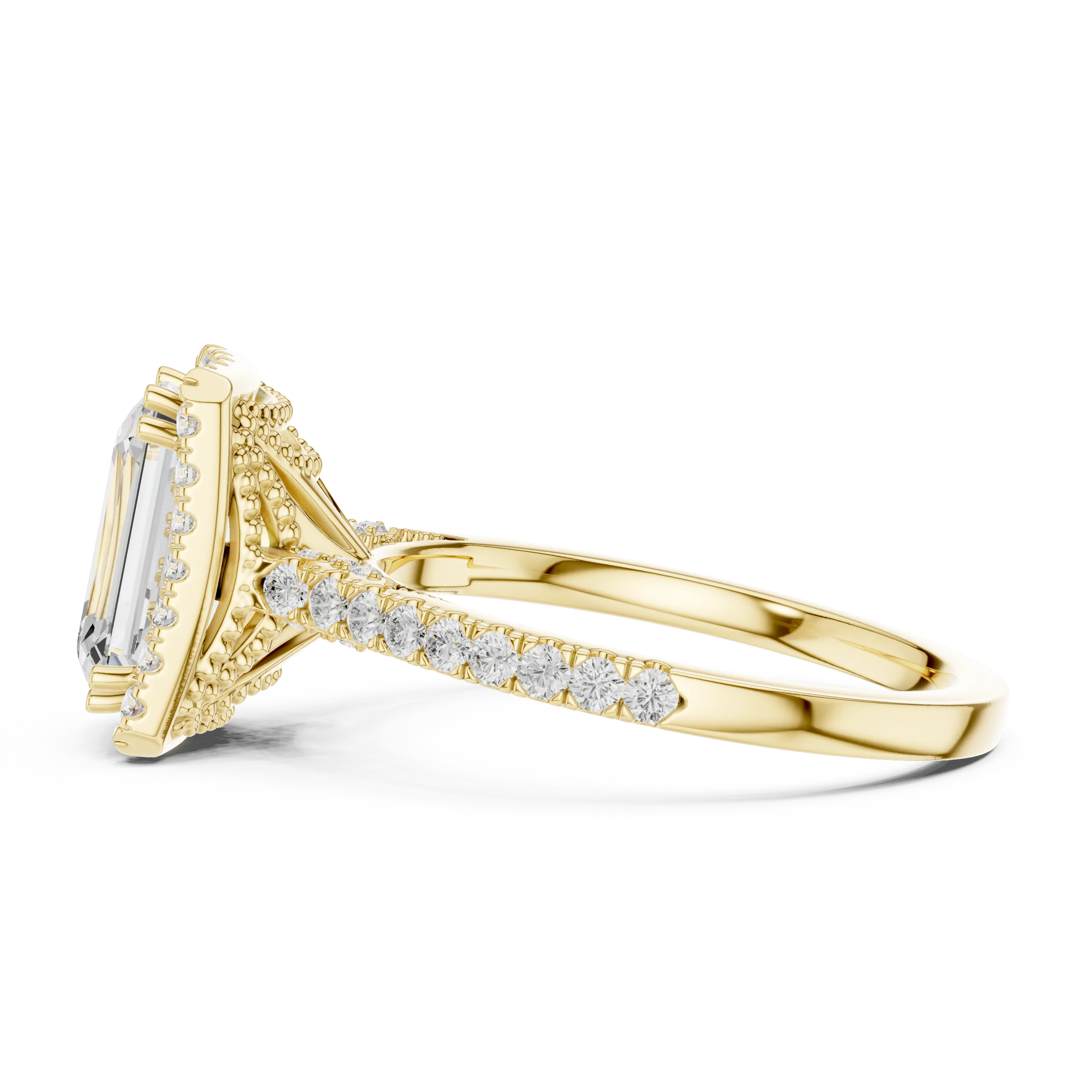 2.50 CTW Classic Pavé Halo Emerald Cut Moissanite Engagement Diamond Ring with 14K White Gold