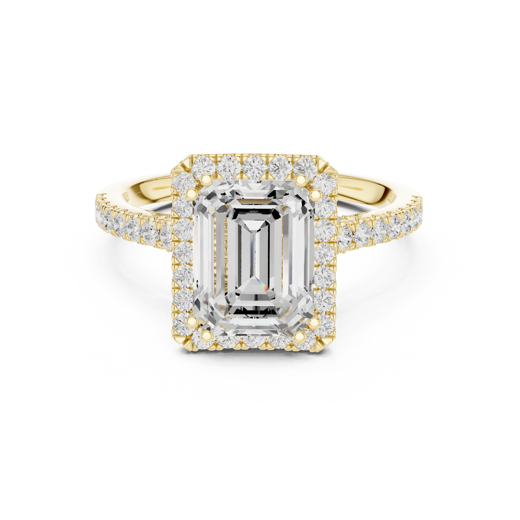 2.50 CTW Classic Pavé Halo Emerald Cut Moissanite Engagement Diamond Ring with 14K White Gold