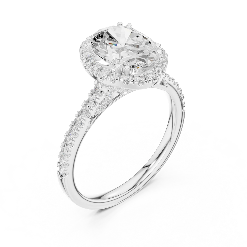 2.50 CTW Classic Pavé Halo Oval Cut Moissanite Engagement Diamond Ring with 14K White Gold