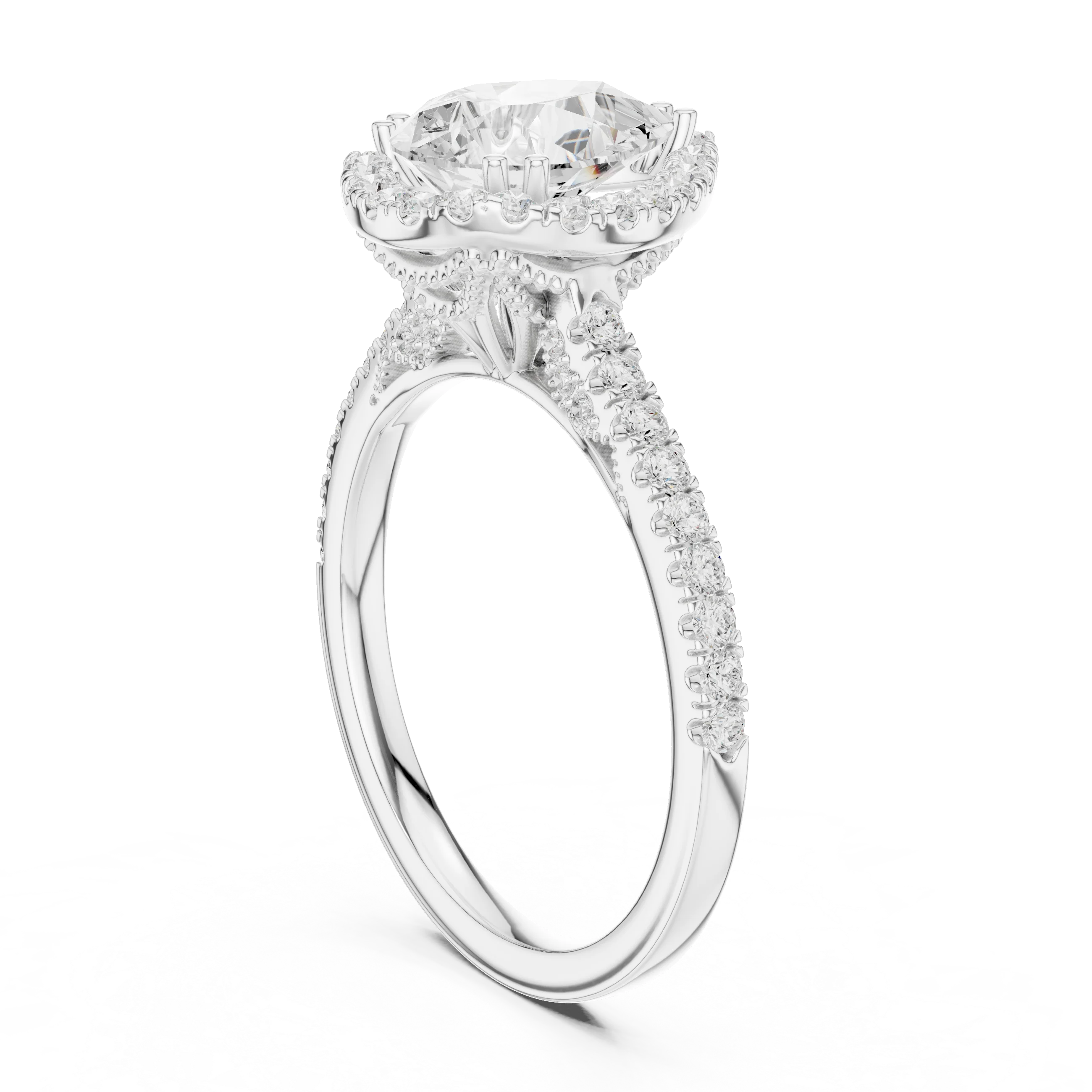 2.50 CTW Classic Pavé Halo Pear Cut Moissanite Engagement Diamond Ring with 14K White Gold