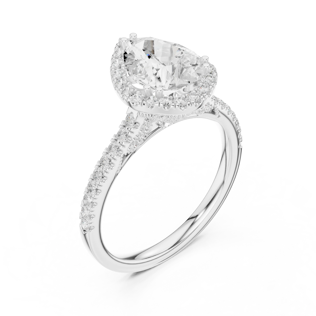 2.50 CTW Classic Pavé Halo Pear Cut Moissanite Engagement Diamond Ring with 14K White Gold