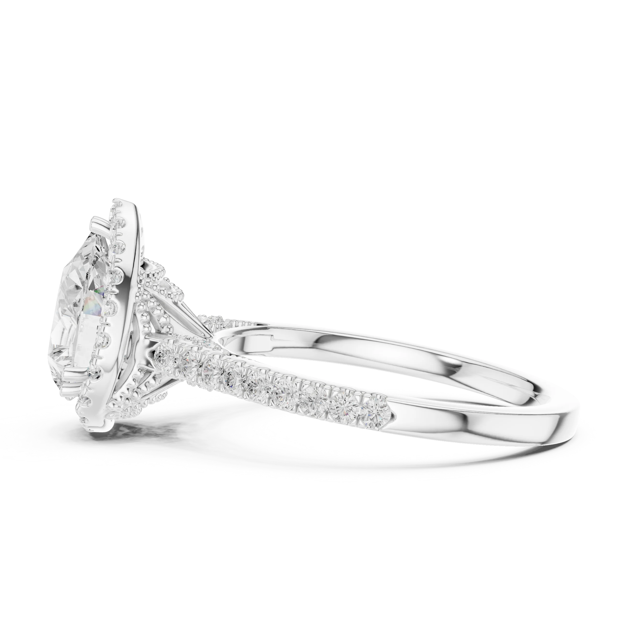 2.50 CTW Classic Pavé Halo Pear Cut Moissanite Engagement Diamond Ring with 14K White Gold