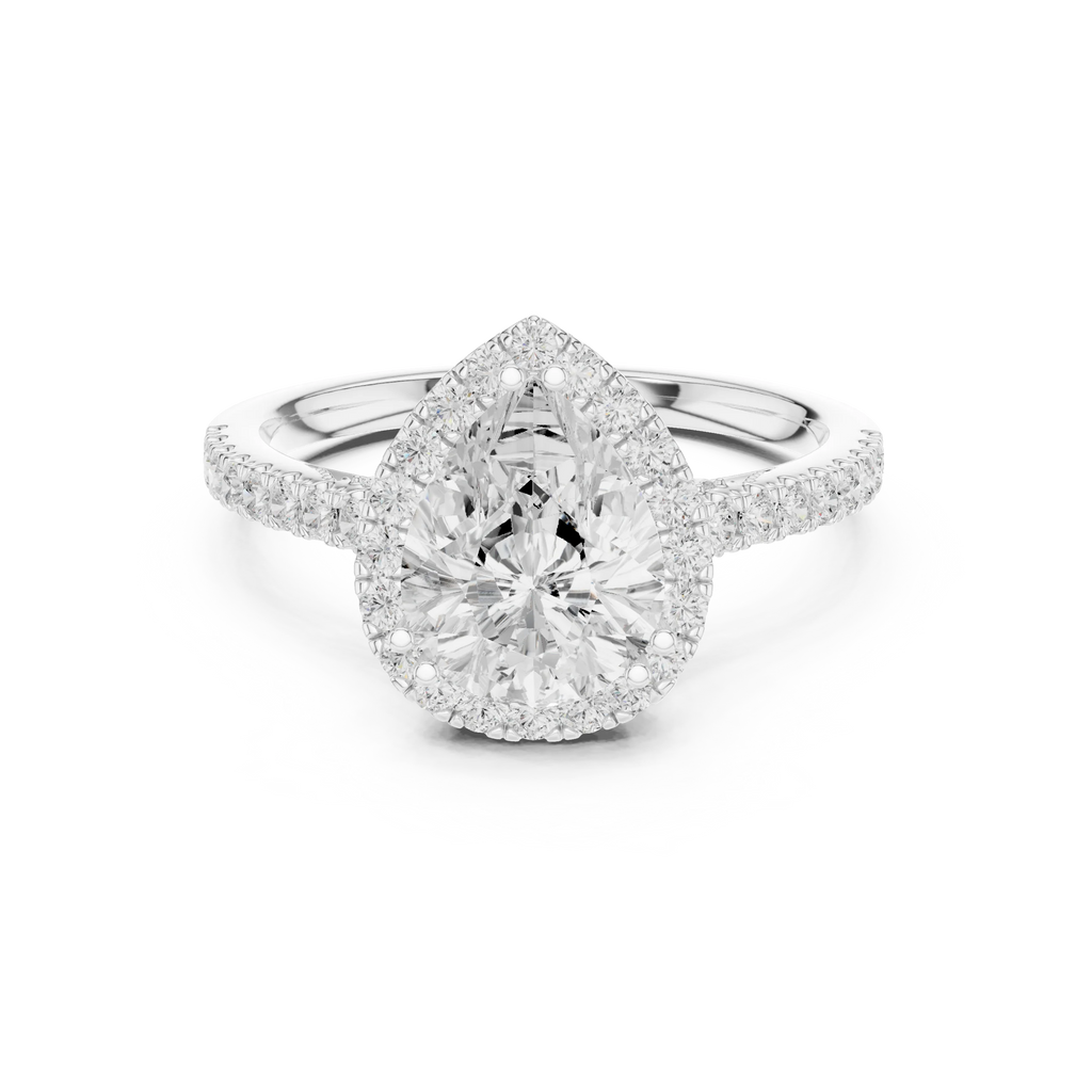2.50 CTW Classic Pavé Halo Pear Cut Moissanite Engagement Diamond Ring with 14K White Gold