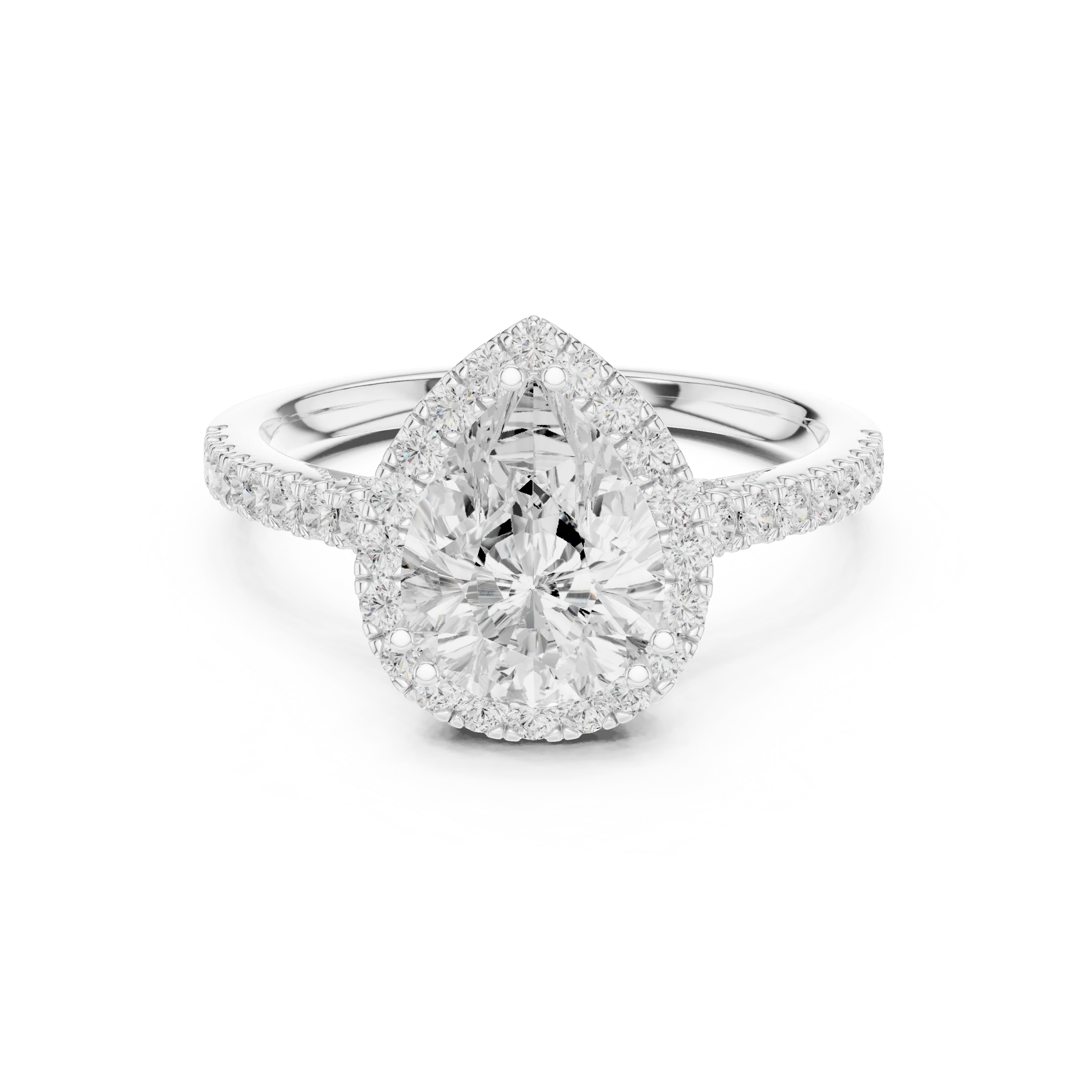 2.50 CTW Classic Pavé Halo Pear Cut Moissanite Engagement Diamond Ring with 14K White Gold