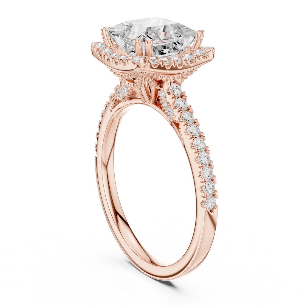 2.50 CTW Classic Pavé Halo Princess Cut Moissanite Engagement Diamond Ring with 14K White Gold