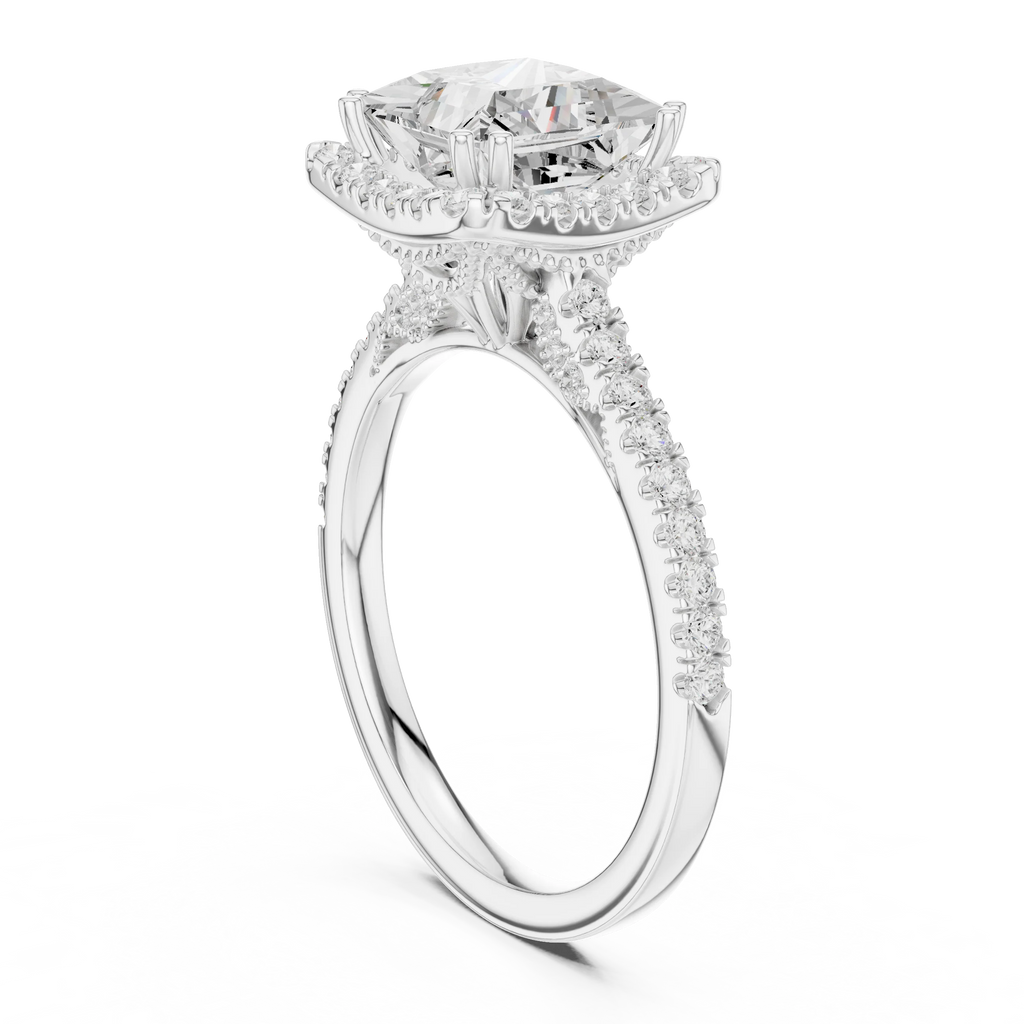 2.50 CTW Classic Pavé Halo Princess Cut Moissanite Engagement Diamond Ring with 14K White Gold