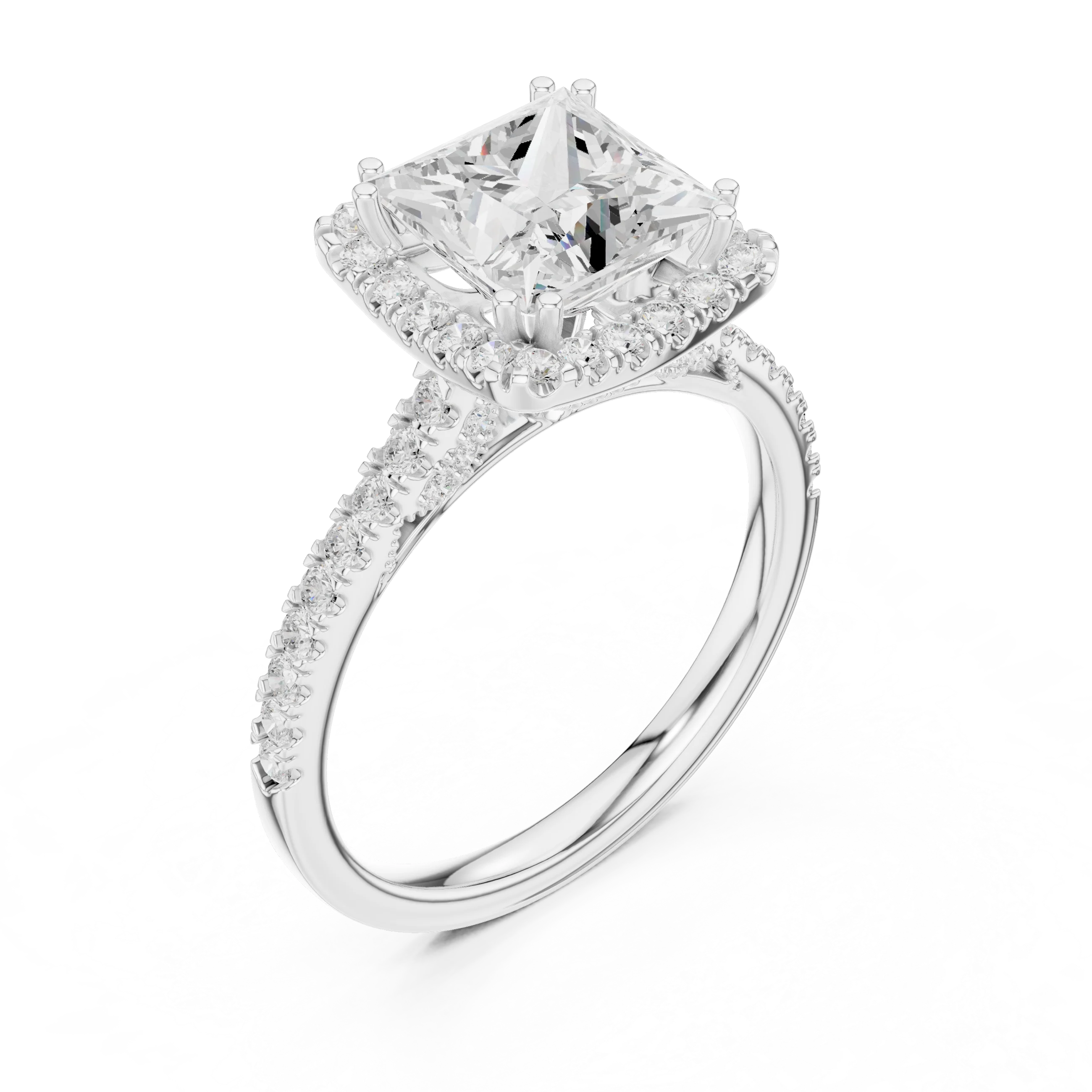 2.50 CTW Classic Pavé Halo Princess Cut Moissanite Engagement Diamond Ring with 14K White Gold
