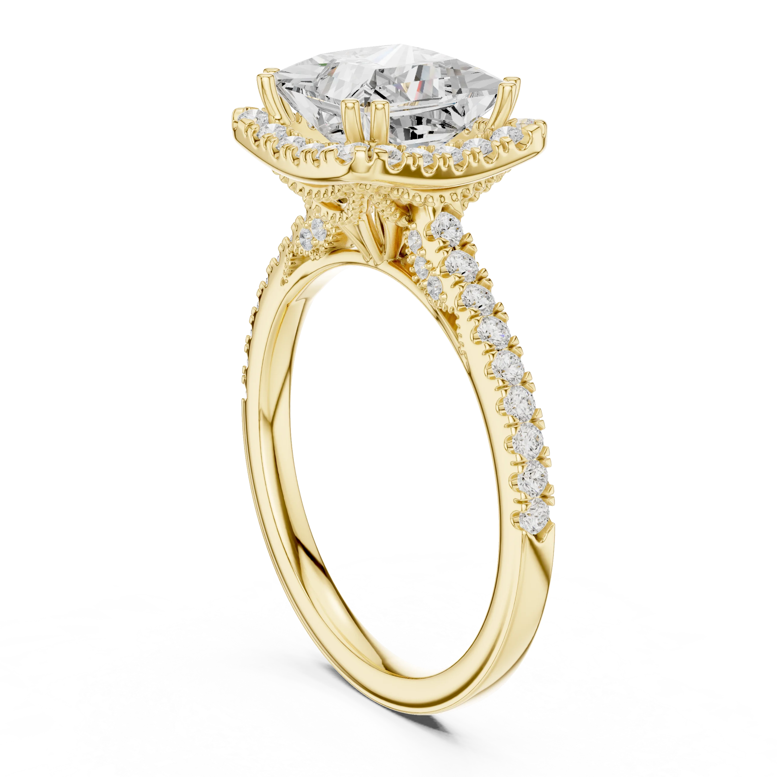 2.50 CTW Classic Pavé Halo Princess Cut Moissanite Engagement Diamond Ring with 14K White Gold