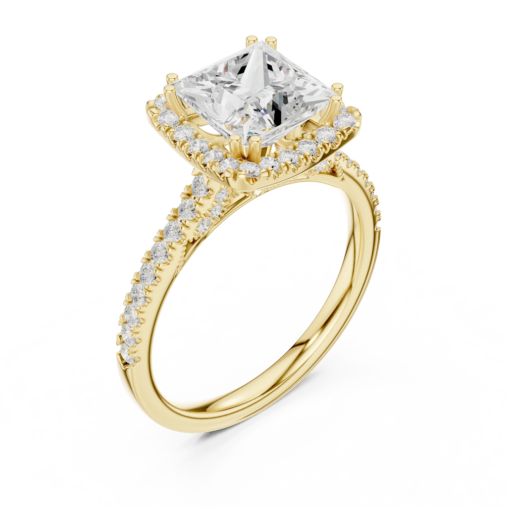 2.50 CTW Classic Pavé Halo Princess Cut Moissanite Engagement Diamond Ring with 14K White Gold