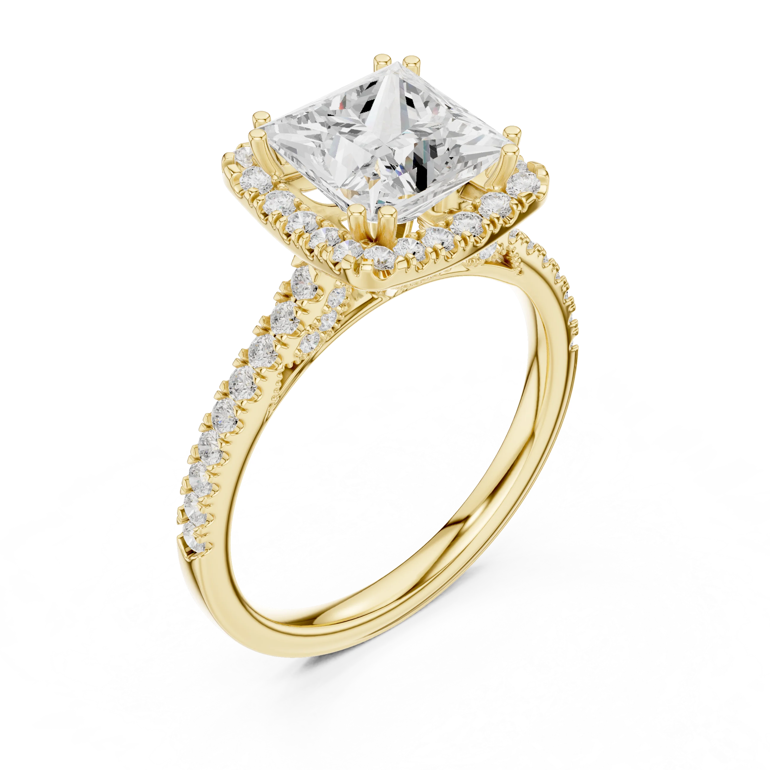 2.50 CTW Classic Pavé Halo Princess Cut Moissanite Engagement Diamond Ring with 14K White Gold