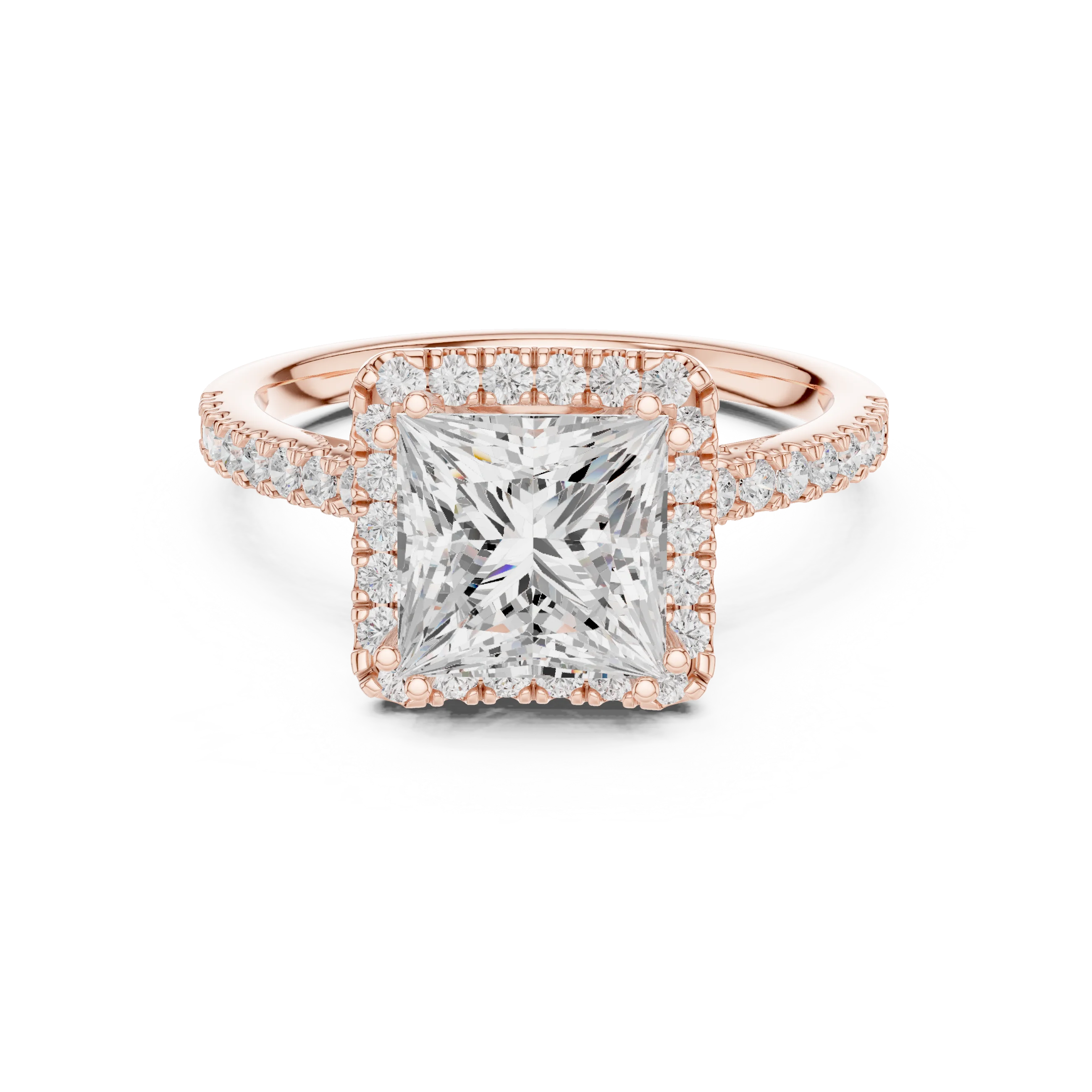 2.50 CTW Classic Pavé Halo Princess Cut Moissanite Engagement Diamond Ring with 14K White Gold